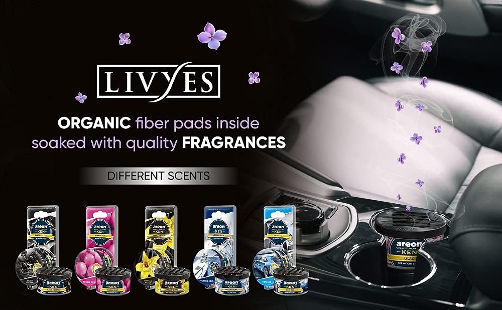 Areon Ken Car Air Freshener - Vanilla Scent, Long-Lasting Fragrance - Portable Fragrant Deodorizer With Adjustable Odor Output - Automobile Accessories & Essentials - 1.23 Oz. Cans, Pack Of 4