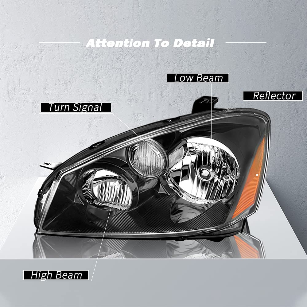 Tusdar Headlight Assembly Set For 2005/2006 Nissan Altima 4-Door Sedan Halogen Headlamp Driver And Passenger Side (Black Housing With Amber Reflector)