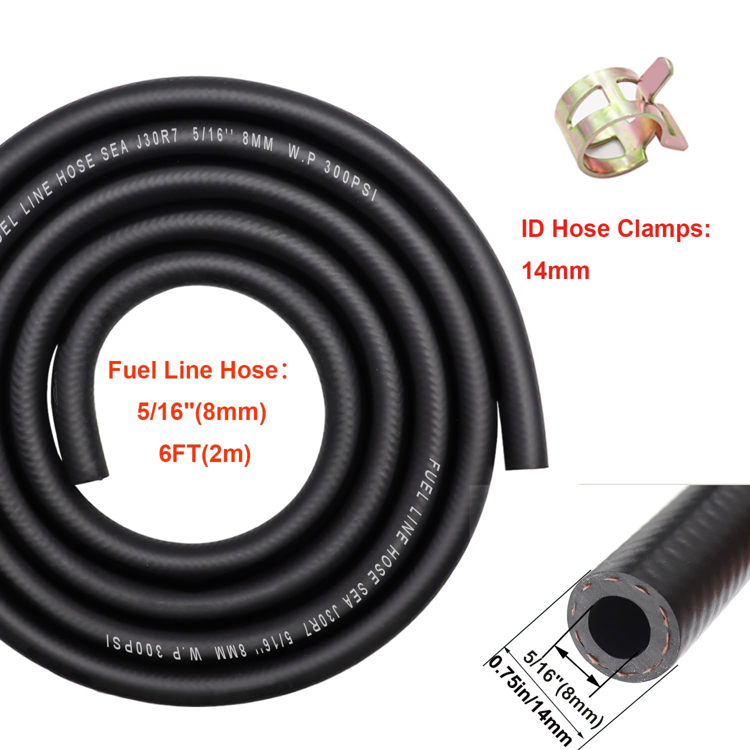 Taiss Id Fuel Line Kit, 5/16" (8Mm), 6-Foot (2M) Fuel Line Hose + 10Pcs 14Mm Id Hose Clamps. Suitable For Small Engines: Tractors, Mowing Machine, Snow Machine, Etc.