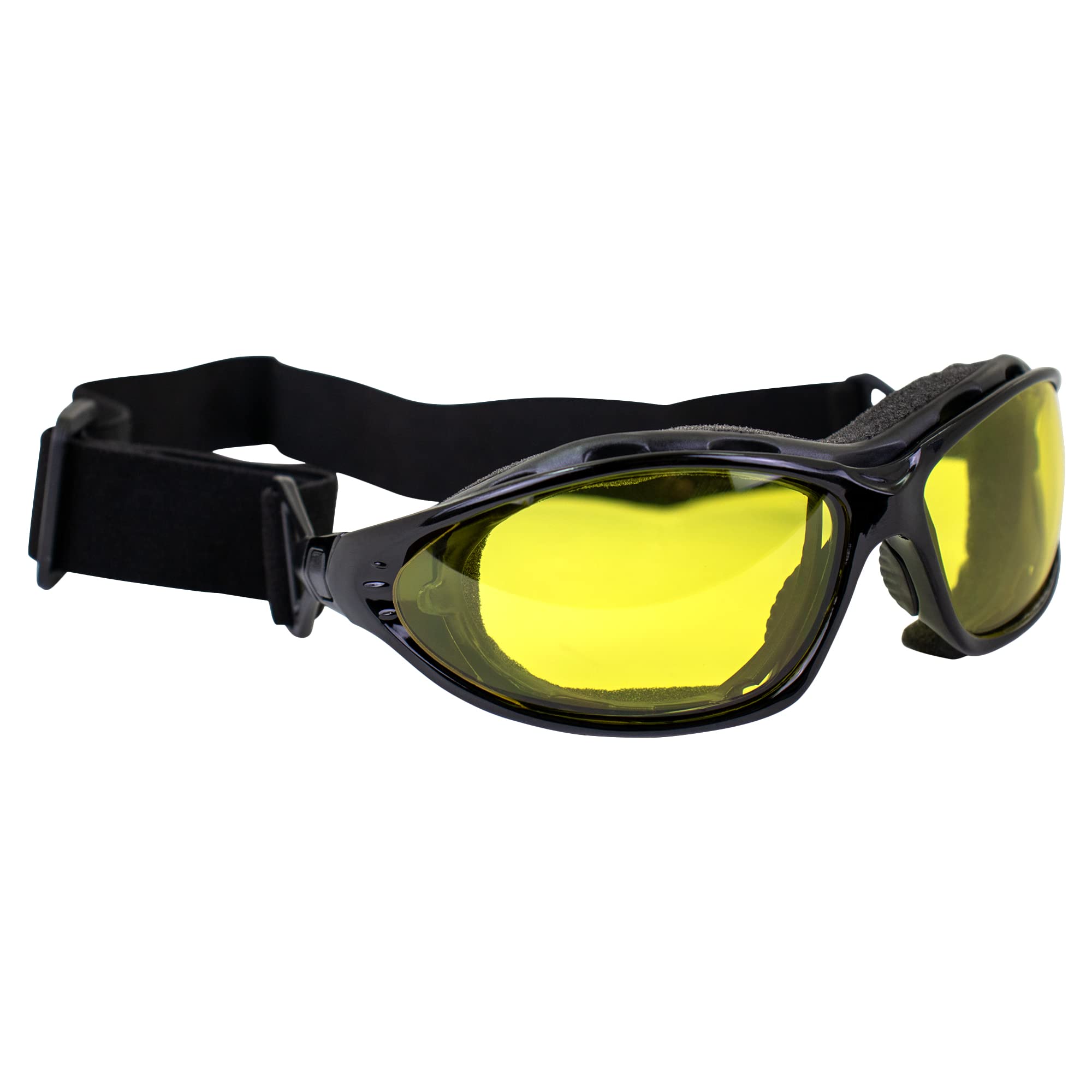 Birdz Eyewear Thrasher Padded Motorcycle Glasses-Convert-To-Goggles (Black Frame/Yellow Lens)