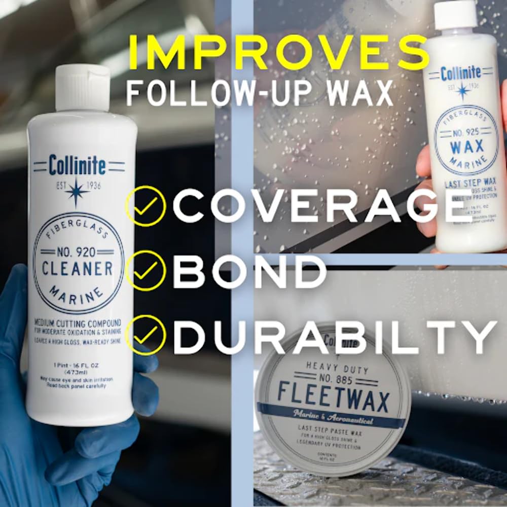 Collinite 920 Fiberglass Cleaner and 885 Paste Wax Combo Water Spot & Oxidation Remover Preps Surface Fast for Wax Protection.