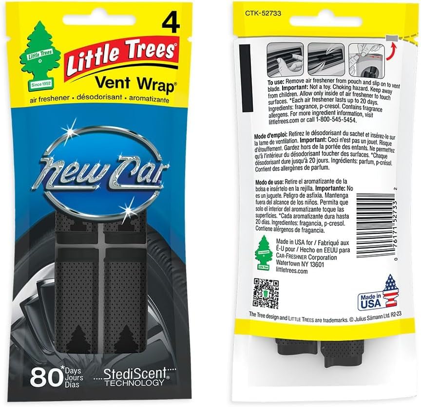 Little Trees Car Air Freshener. Vent Wrap Provides Long-Lasting Scent, Slip On Vent Blade. New Car, 16 Air Fresheners, 4 Count (
