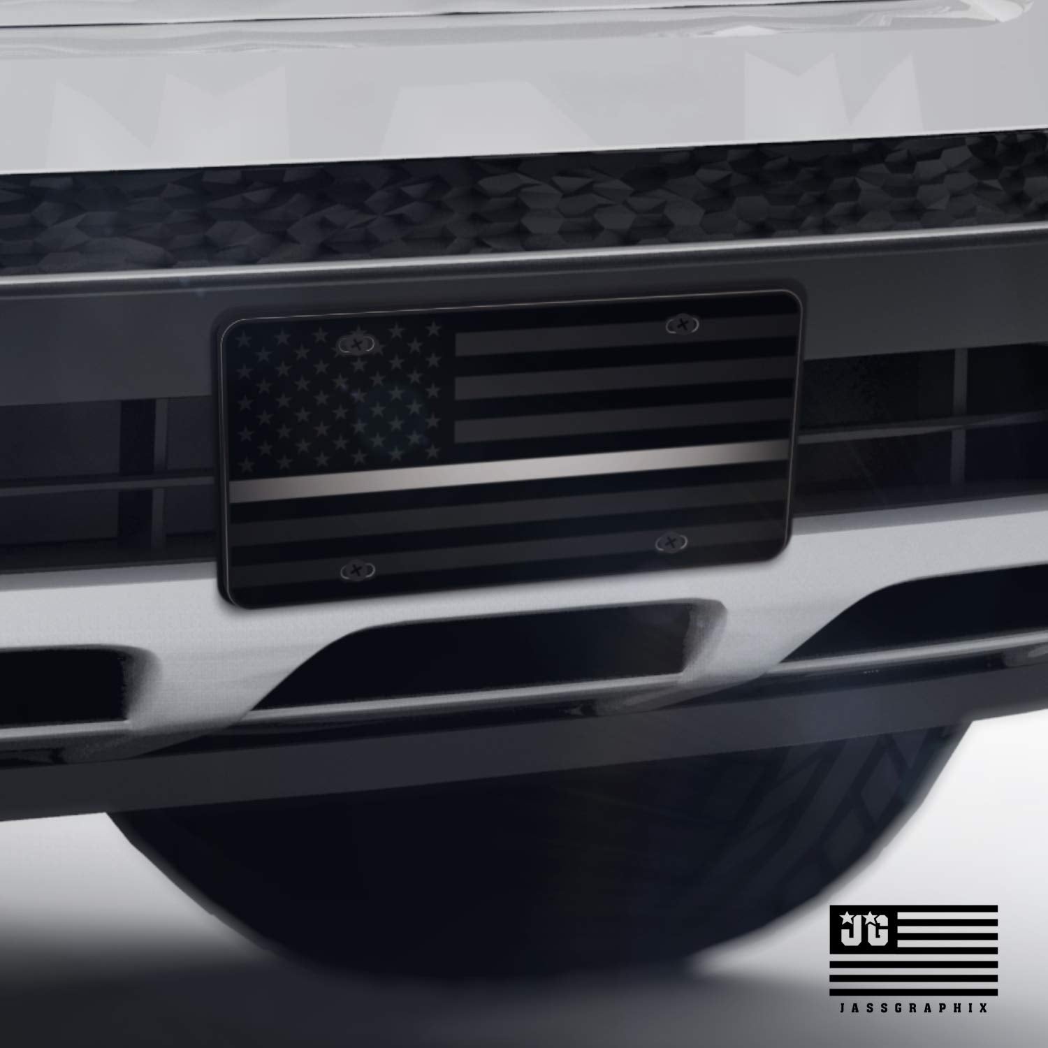 Thin Silver Gray Line American Flag License Plate Correctional Officers Matte Black On 1/8'' Black Aluminum Composite Heavy Duty
