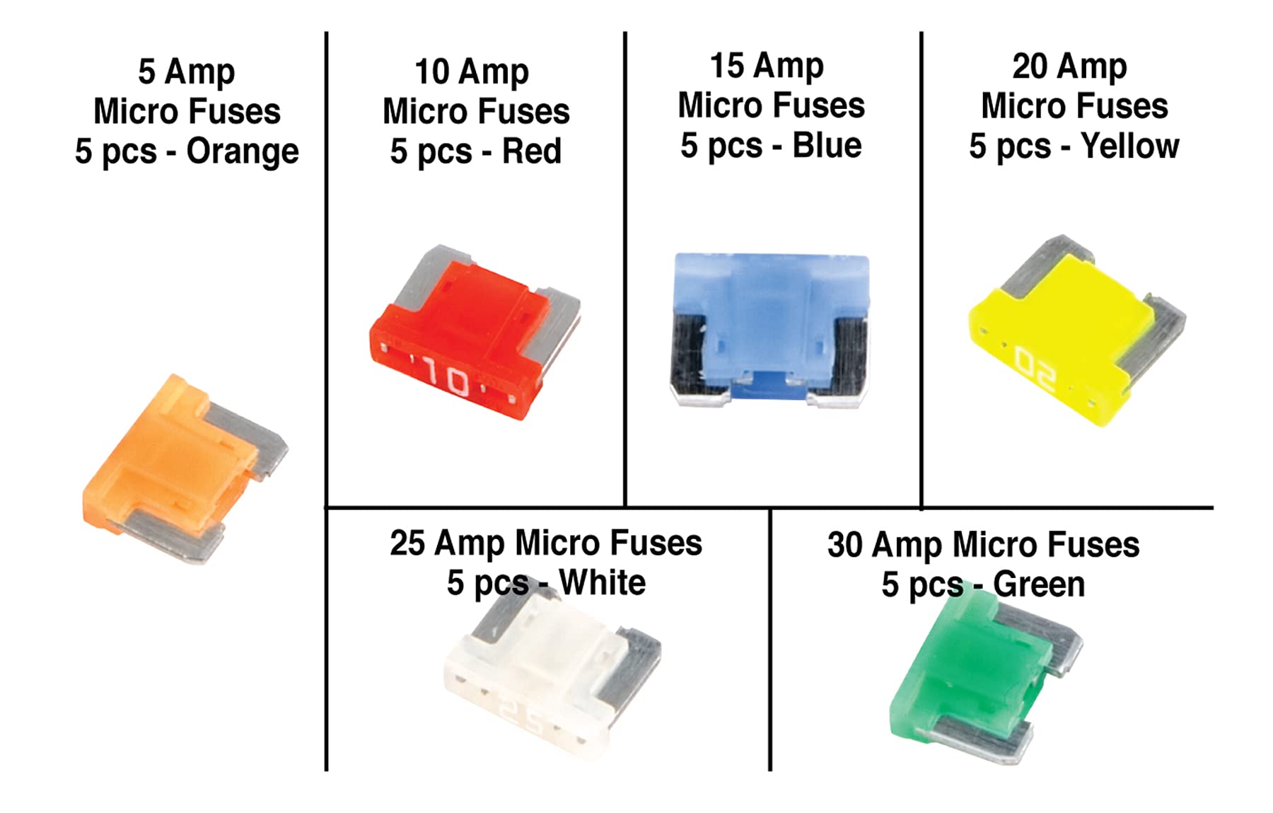 Performance Tool W5376 15-Piece Micro Fuse Assortment, Automotive Fuse Set With Wide Range of Amp Ratings (5A, 10A, 15A, 20A, 25
