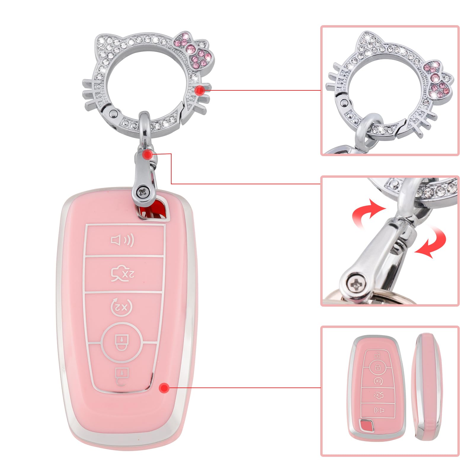 Pangpai Pink Key Fob Cover for Ford, Soft TPU Key Case Protection with Bling Keychain Fit for Edge Escape Expedition Explorer Fu