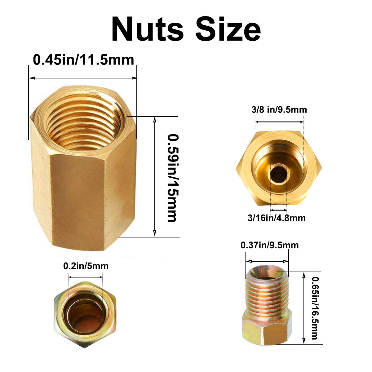 Muhize 3/16 Brake Line Fittings - Premium 18 Pcs 3/8' 24 Threads Brake Fittings Assortment For 3/16' Tube (6 Unions, 12 Nuts)