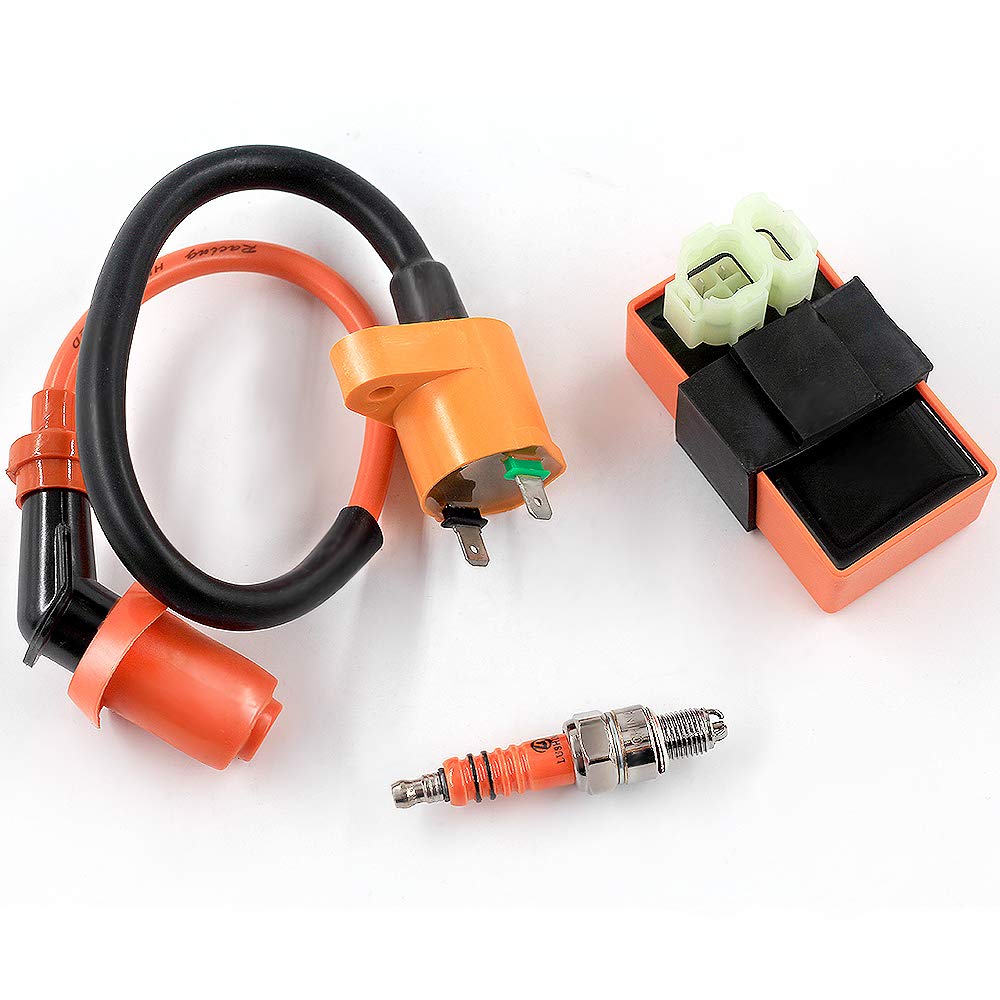 Trkimal High Performance Racing Ac Cdi Box 6Pin + Ignition Coil + 3 Electrode Spark Plug For Gy6 50Cc 80Cc 125Cc 150Cc Moped Sco