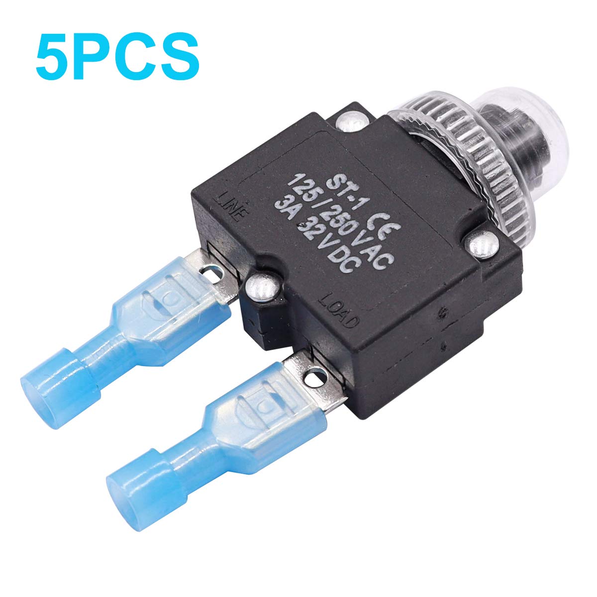 Mxuteuk 5Pcs 3Amp Circuit Breakers Push Button Manual Reset 125/250V Ac 32V Dc,Overload Protector Switch Thermal Circuit Breakers With Quick Connect Terminals And Waterproof Button Caps St1-5-3A