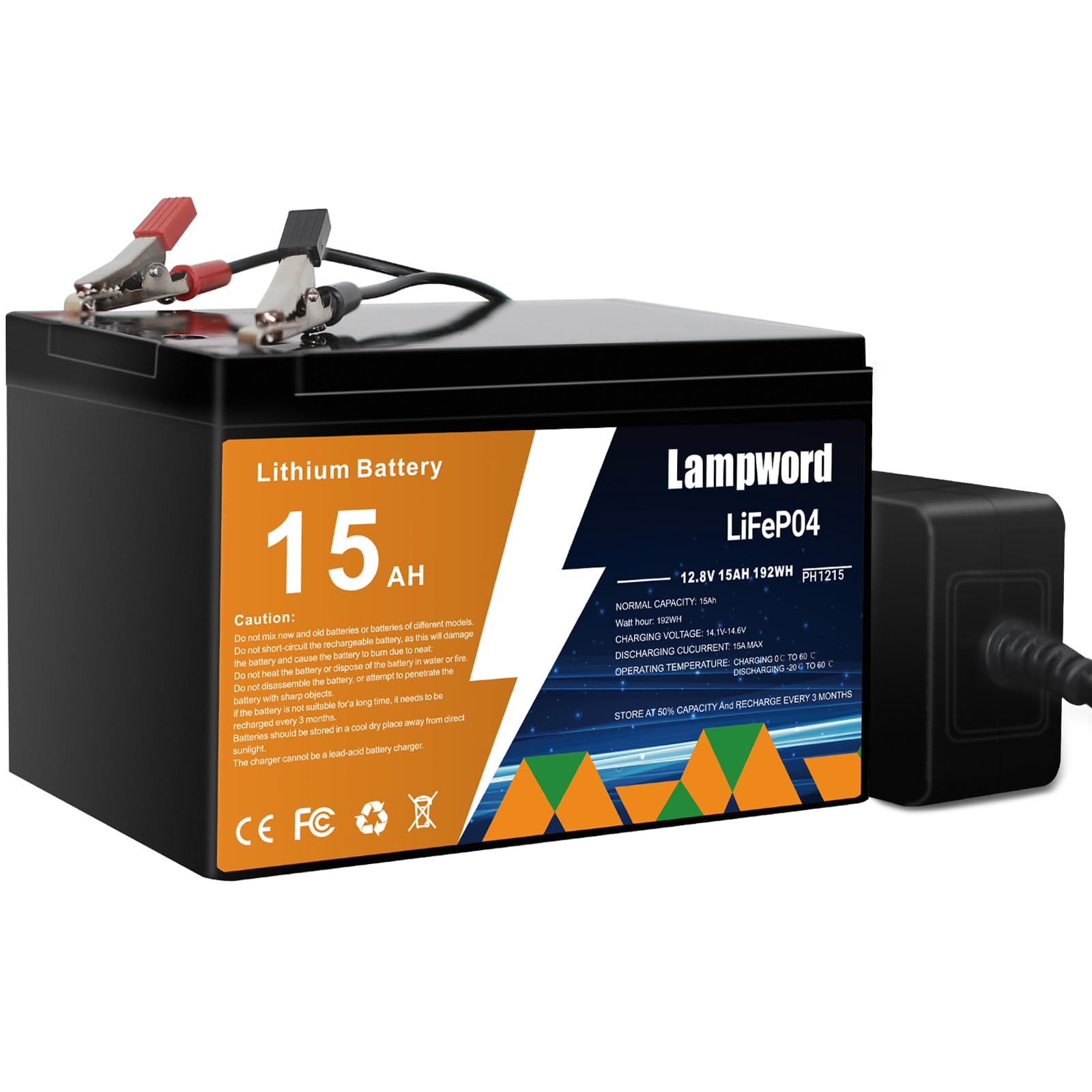 Lampword Lithium Battery 12V 15Ah LiFePO4 Battery 4000+ Deep Cycle Rechargeable Batteries With Charger for Trolling Motor/Golf C