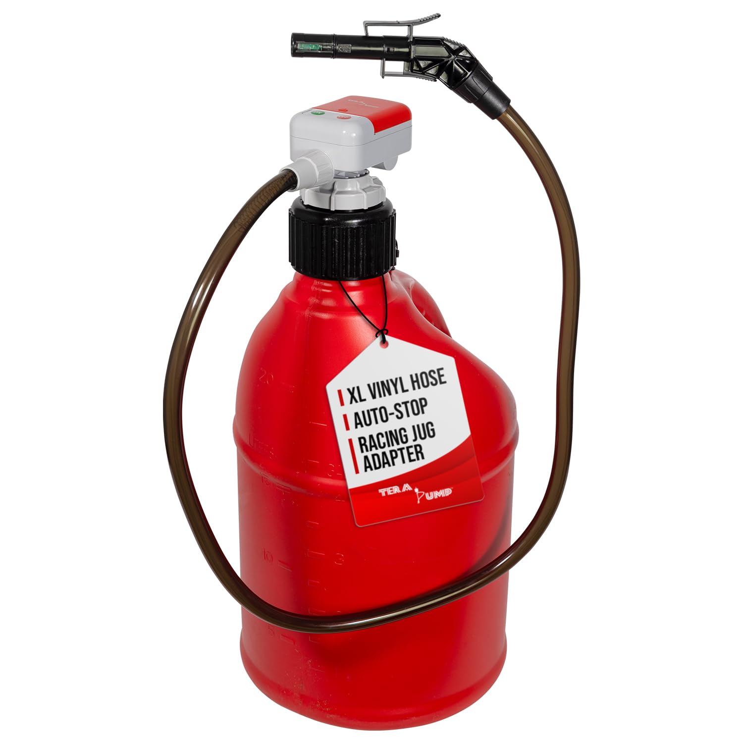 TERA PUMP Battery Powered On/Off Switch Fuel Transfer Pump for Gas and Diesel with 51.2 Strong Vinyl Hose, Auto-Stop Sensor No