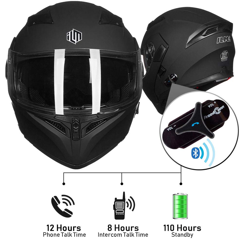 LM Bluetooth Motorcycle Helmet Modular Flip up Full Face Dual Visor Mp3 Intercom FM Radio DOT Model 902BT(Matte Black, Large)