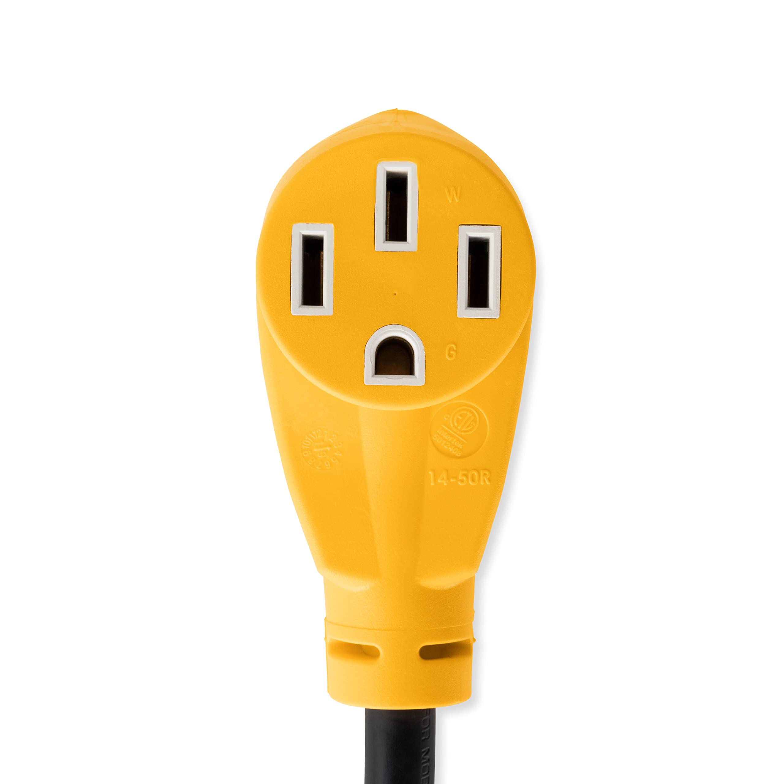 Camco RV Dogbone Electrical Adapter with Innovative 180 Degree Bend Design and PowerGrip Handle - 15 Amp Male to 50 Amp Female,