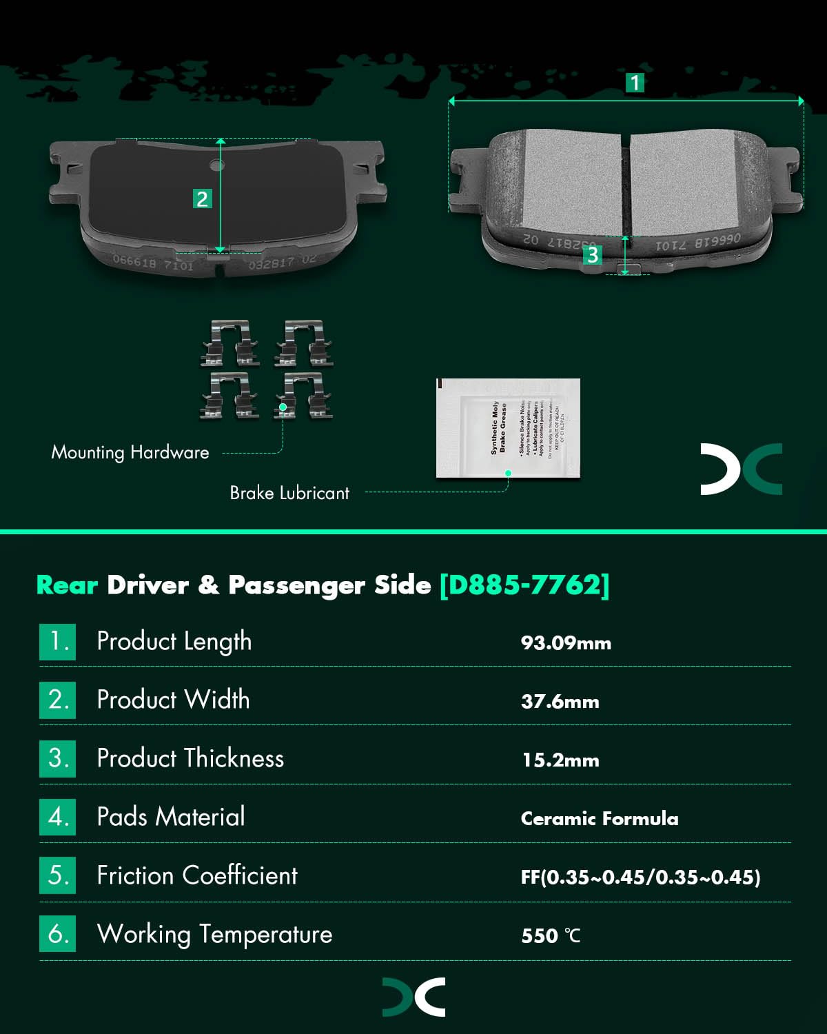 Scitoo D885 Rear Ceramic Brake Pads Sets Fit For Lexus Es300 2002-2003,For Lexus Es330 2004-2006,For Toyota For Camry 2002-2006,
