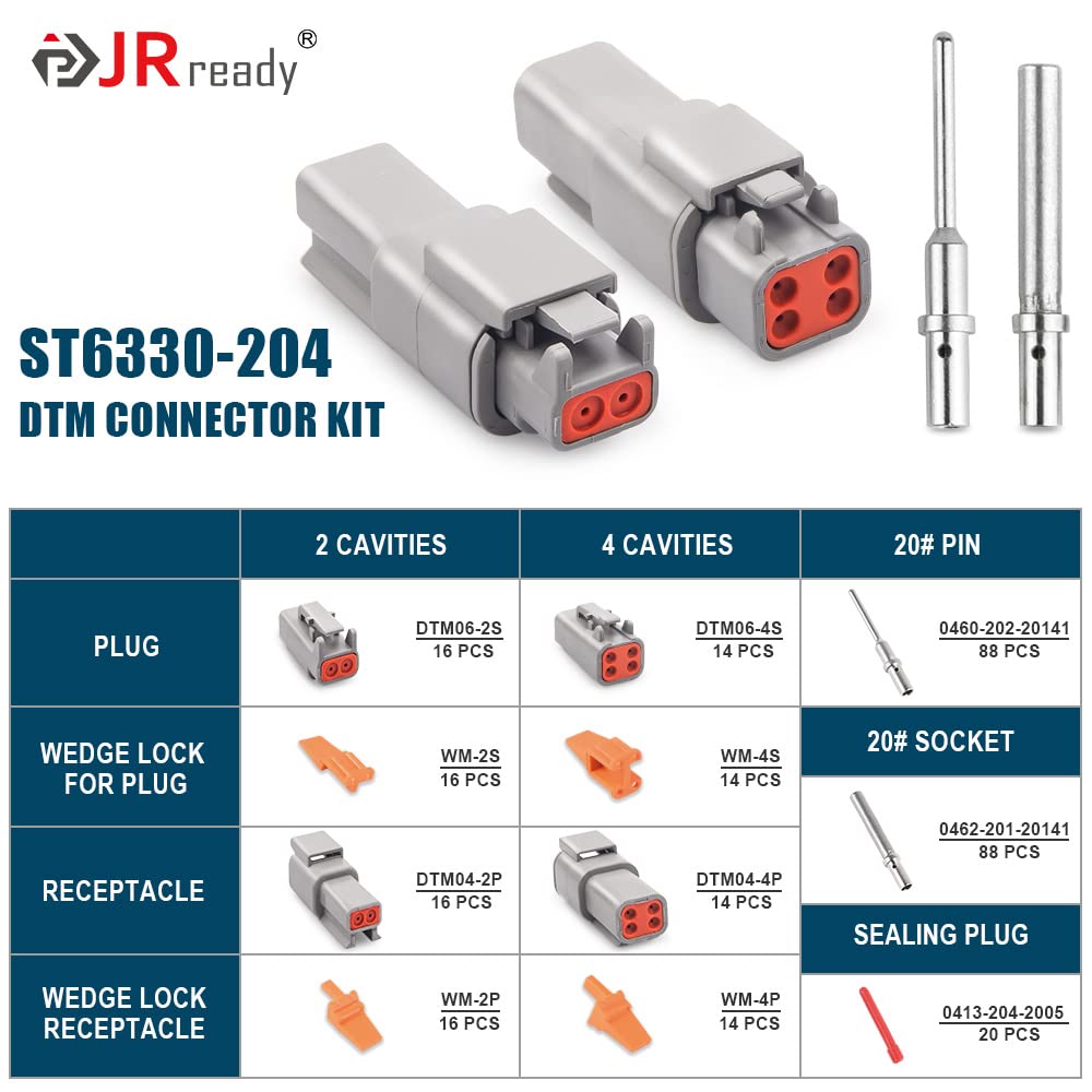 JRready Deutsch DTM Connector Kits 2 4 Pin, ST6330-204 Waterproof Electrical Wire Connectors with Size 20 Solid Contacts(16 Pair
