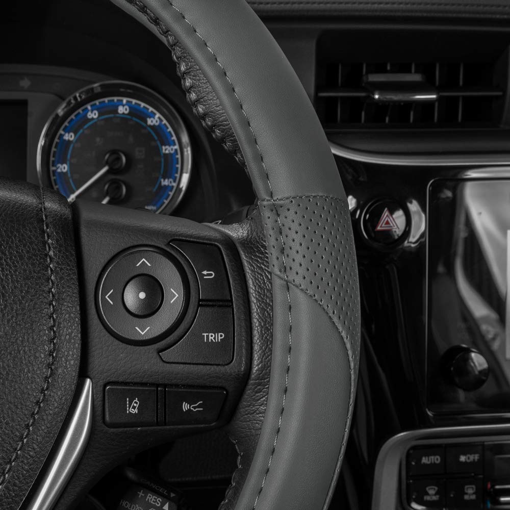 Motor Trend Perforated Microfiber Leather Steering Wheel Cover For Cars Trucks Suvs Vans, Sporty Racing Improved Grip Anti-Fatigue Ergonomic Design, Airbag Compatible - Fits Standard 15 Inch - Gray