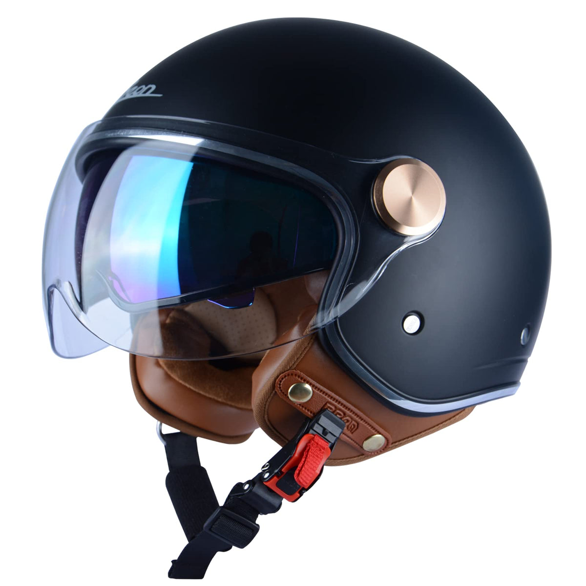 blue womens motorcycle helmet BEON Half 3/4 Face Motorcycle Helmet, DOT Approved, Retro Vintage Style,  Dual Visors Mens and Womens Motorbike Casco for Moped C