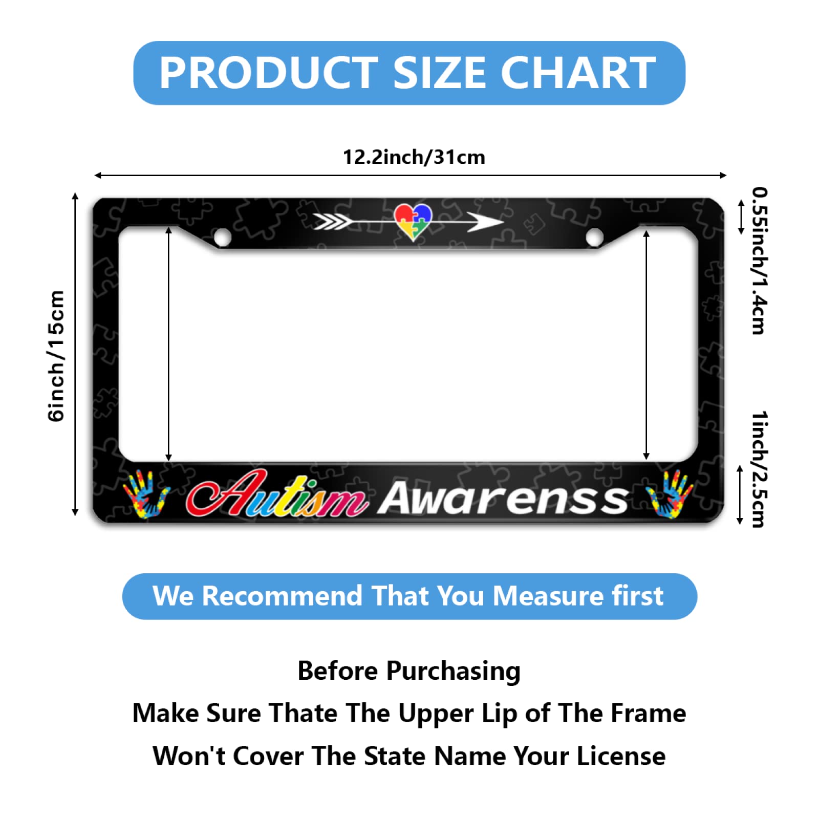 Autism Awareness License Plate Frame Color Puzzle Palms License Plate Frame for Car Decorative Parts Stainless Steel License Pla