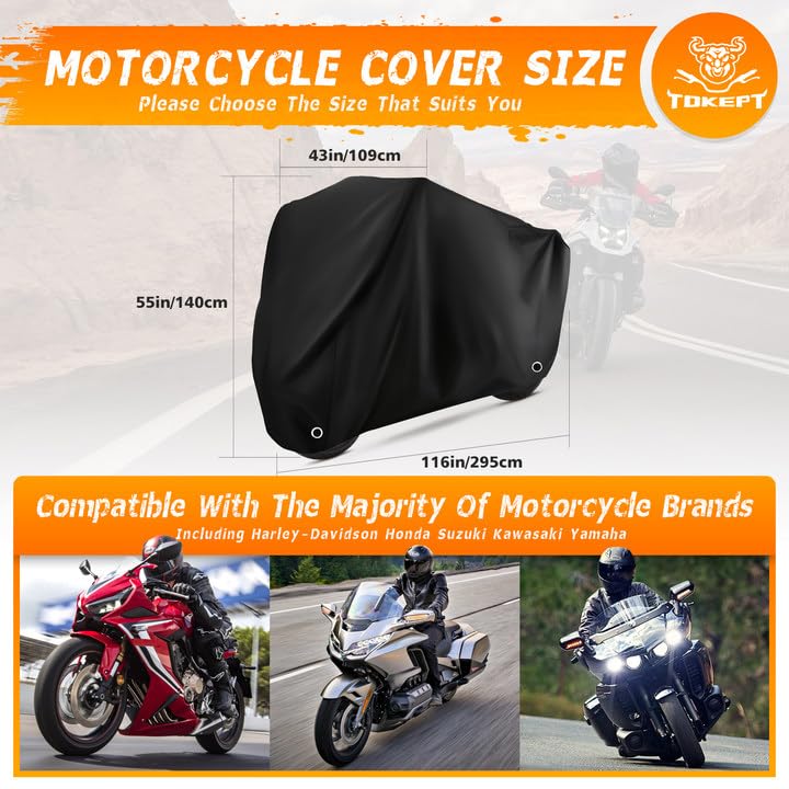Tokept Motorcycle Cover Waterproof Sun with Lock-Holes & Storage Bag Heavy Duty Material, Fits up to 116'' Harley Davison and Al