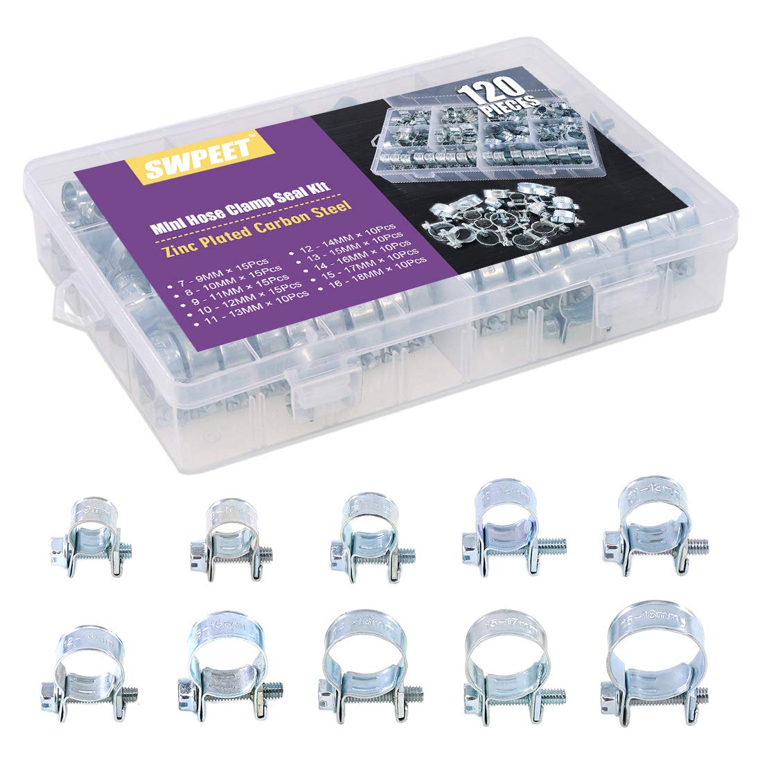 Swpeet 120Pcs 10 Sizes Zinc Plated Mini Fuel Injection Line Style Hose Clamp Assortment Kit Perfect For Automotive, Agriculture, Plant & Construction
