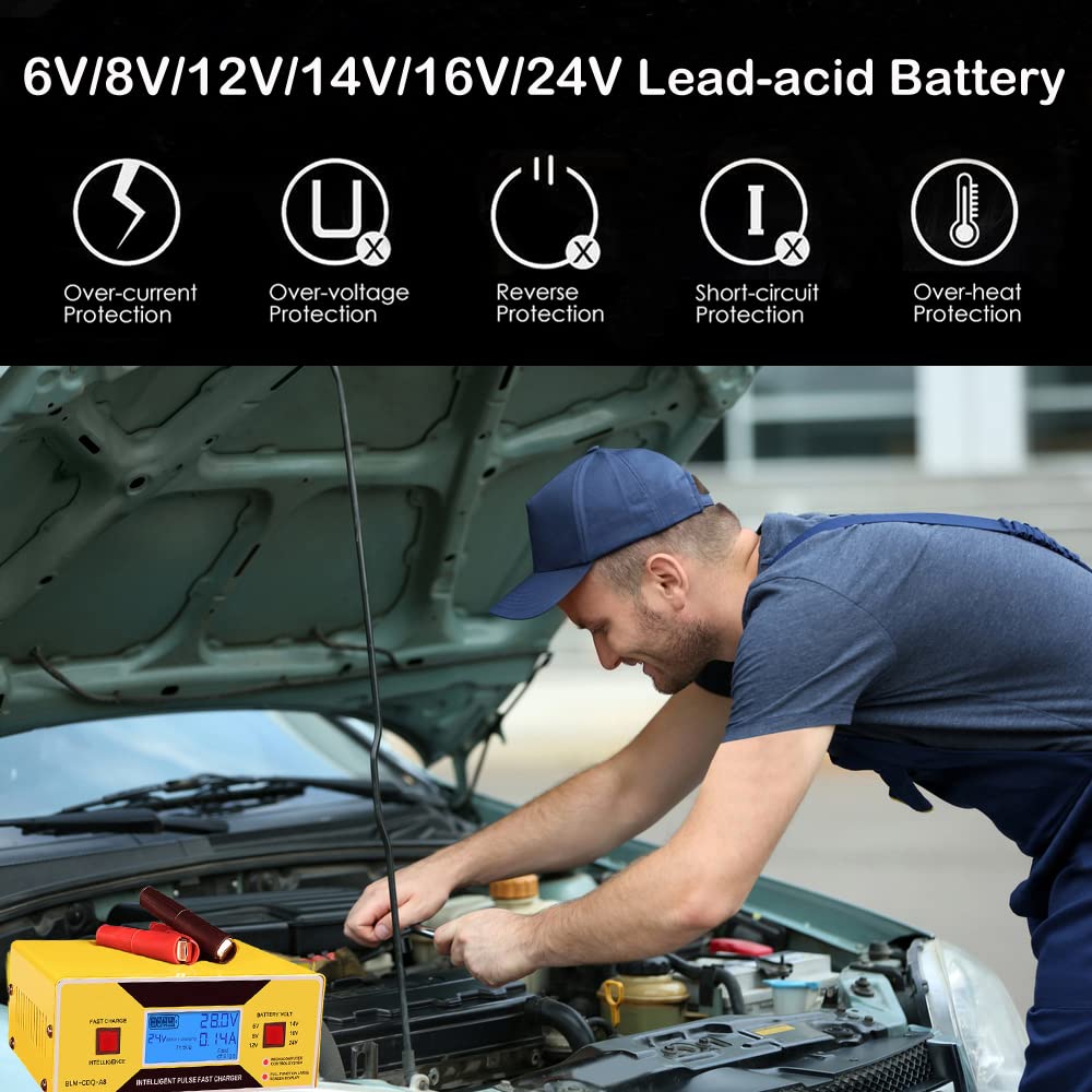 Car Battery Charger Automatic, 6/8/12/14/16/24V Adjustable Voltage Battery Charger 0-10A, Battery Maintainer, Smart Trickle Char