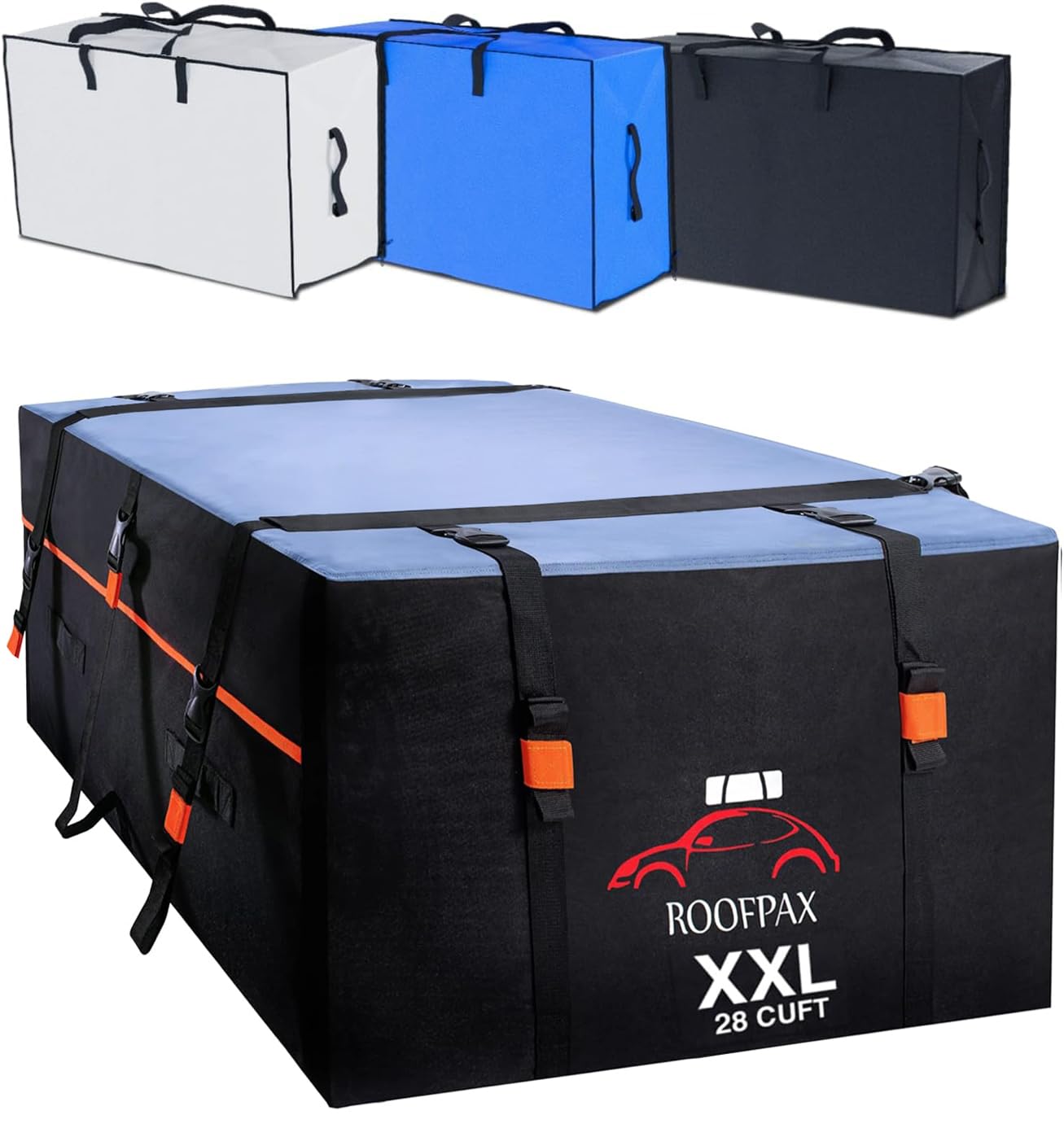 RoofPax XXL 28 cuft Car Rooftop Cargo Carrier Bag Extra Waterproof Car Roof Storage with 10 Heavy Duty Tie Down Straps and 4 Hoo