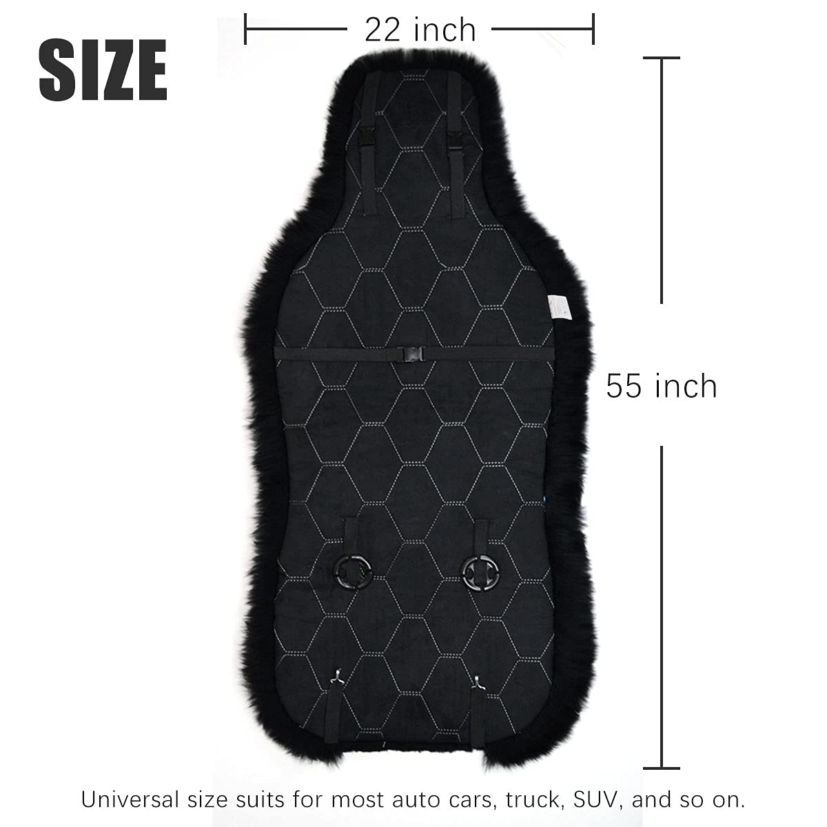 Gracefur 1 Pc Universal Sheepskin Car Seat Covers For Front Seats, Australia Wool Sheepskin Seat Covers, Easy To Install, Airbag Compatible For Sedans, Trucks, Suv, Or Van (55 By 22 Inches, Black)