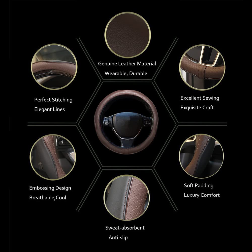 Car Steering Wheel Cover, Anti-Slip, Safety, Soft, Breathable, Heavy Duty, Thick, Full Surround, Sports Style (Black Brown)
