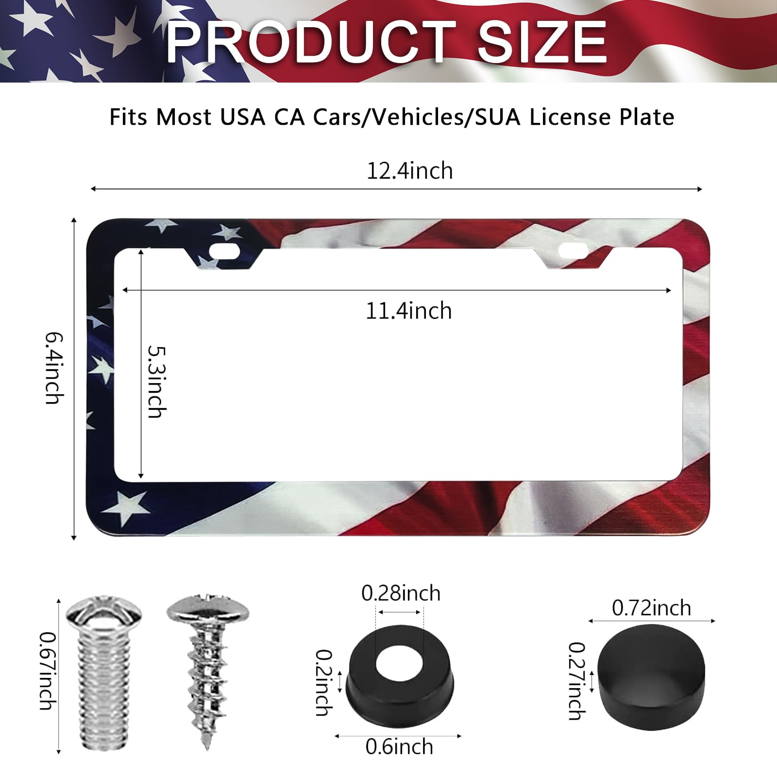 Patriotic American Flag License Plate Frame Holder - 2 Pack Universal Quality Metal Aluminum Matte Stripe Us Flag Gloss Car Plat
