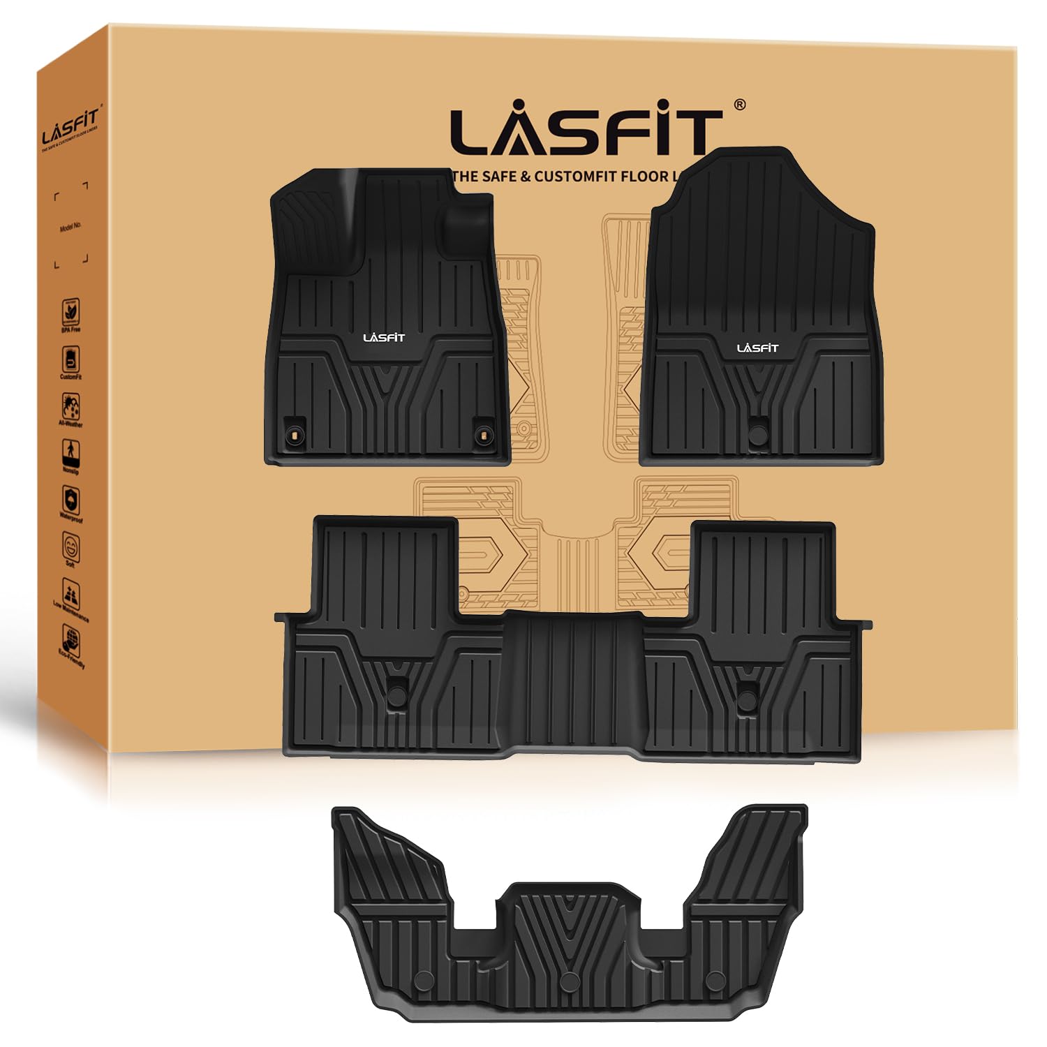 Lasfit Floor Mats For Honda Pilot 2023 2024 2025 (7&8 Seats), All Weather Custom Fit Tpe Odorless Anti-Slip Floor Liner 1St & 2N