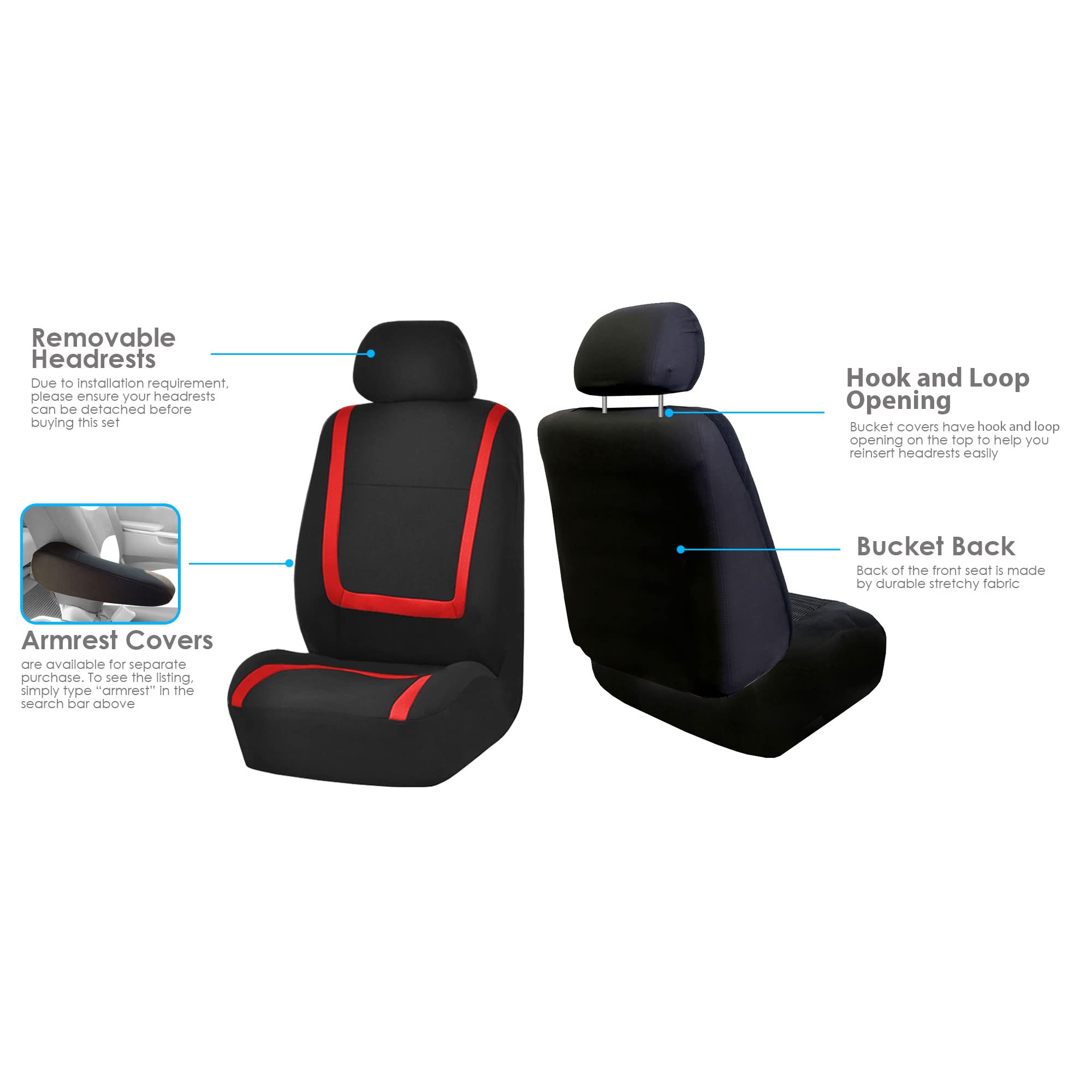 FH Group Car Seat Covers Unique Flat Cloth Full Set Automotive Seat Covers Front Set and Rear Solid Bench Red Black Seat Covers w. Gift Universal Fit Interior Accessories for Cars Trucks and SUVs