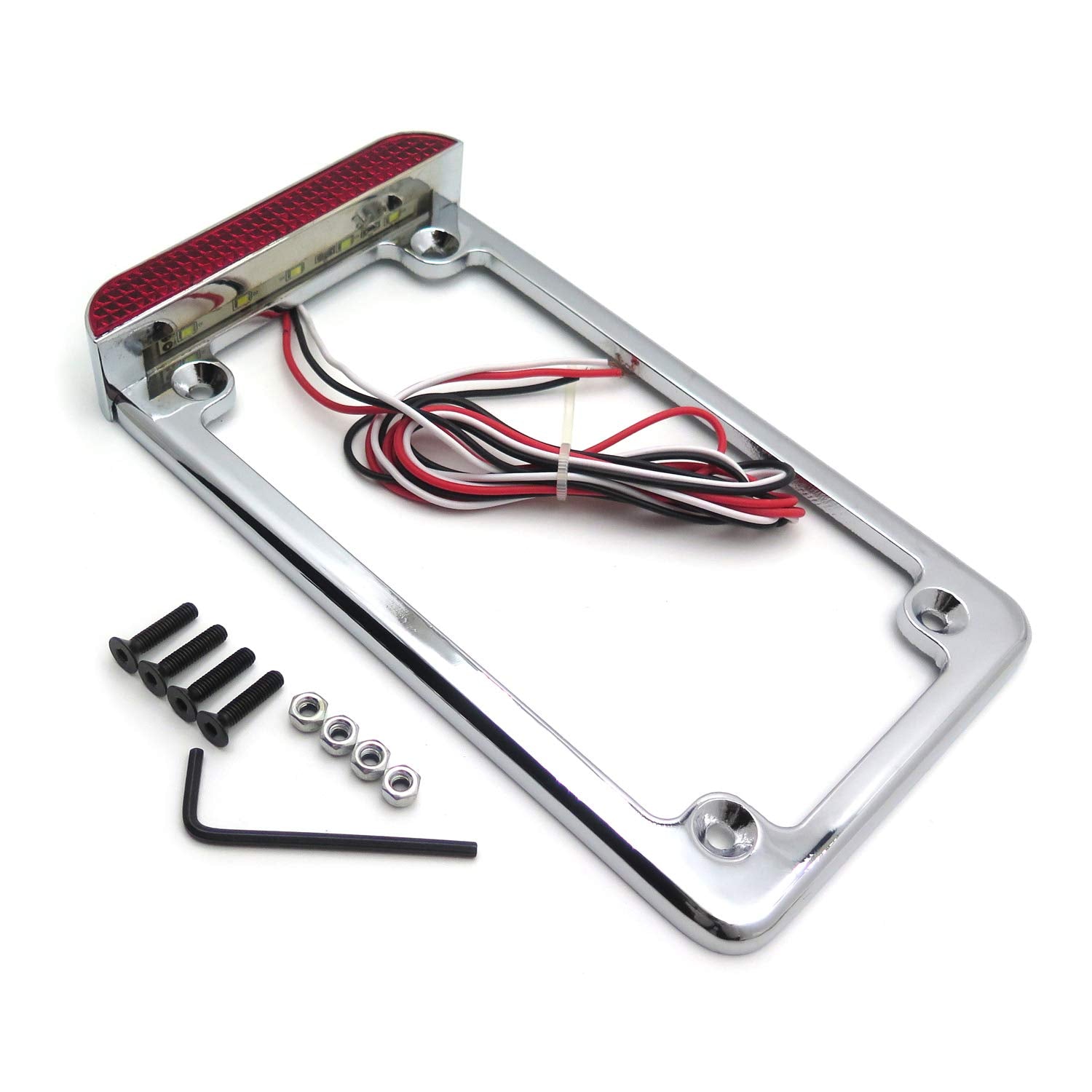 Httmt Mt294-003- Motorcycle Chrome 7'' X 4'' Flat License Plate Frame Bracket Tag Holder W/ 3'' Led Bar Compatible With Universa
