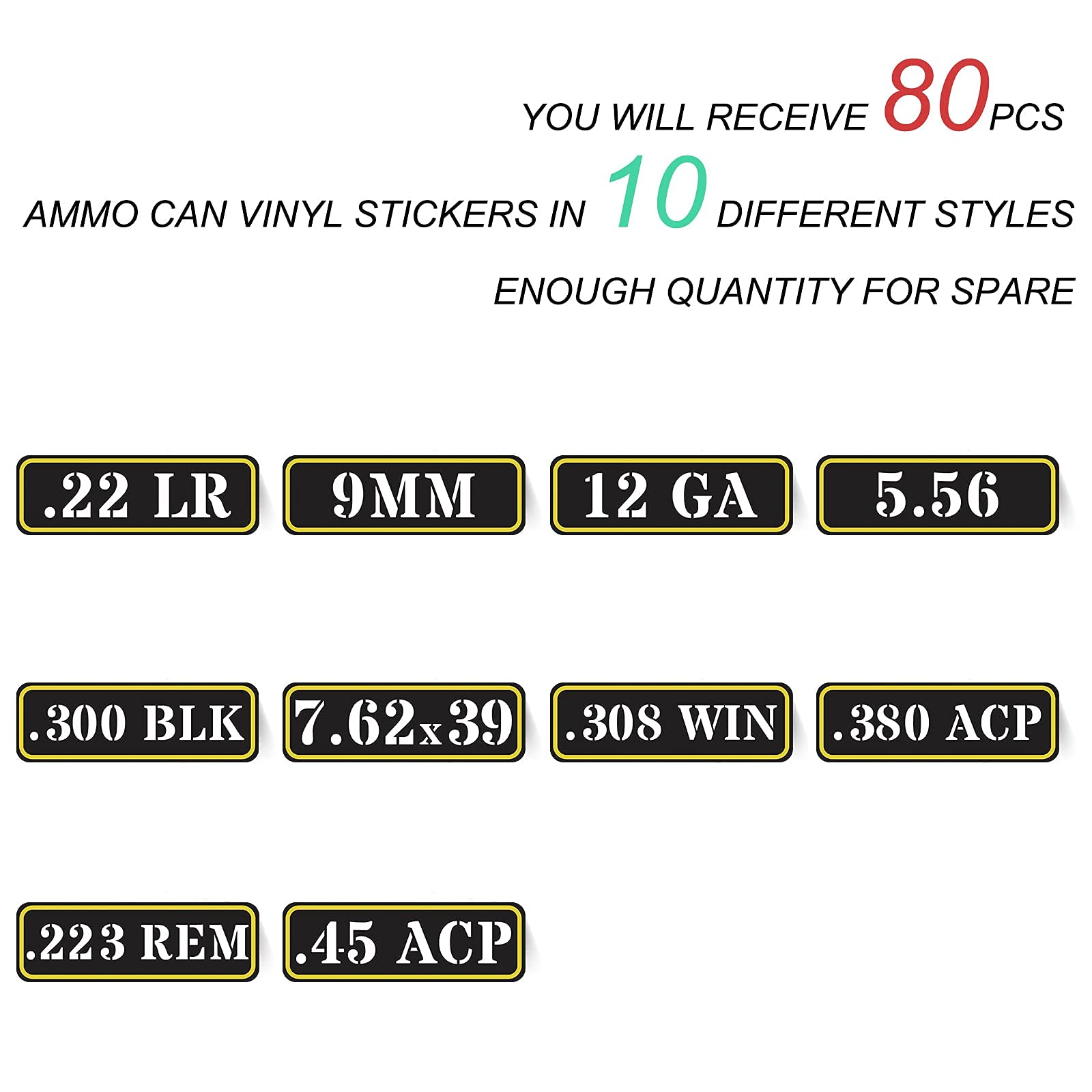 Aolamegs Ammo Can Vinyl Sticker Set Decal Label for Cans Cases Boxes .22 .223 .308 9MM .380 .45 5.56 7.62 12GA 300BLK Black (80