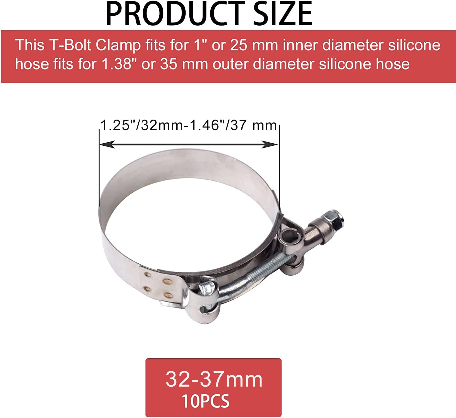 10Pcs Stainless Steel T-Bolt Clamps Turbo Intake Intercooler Clamp Range 32-37Mm For 1 Inch Hose Id