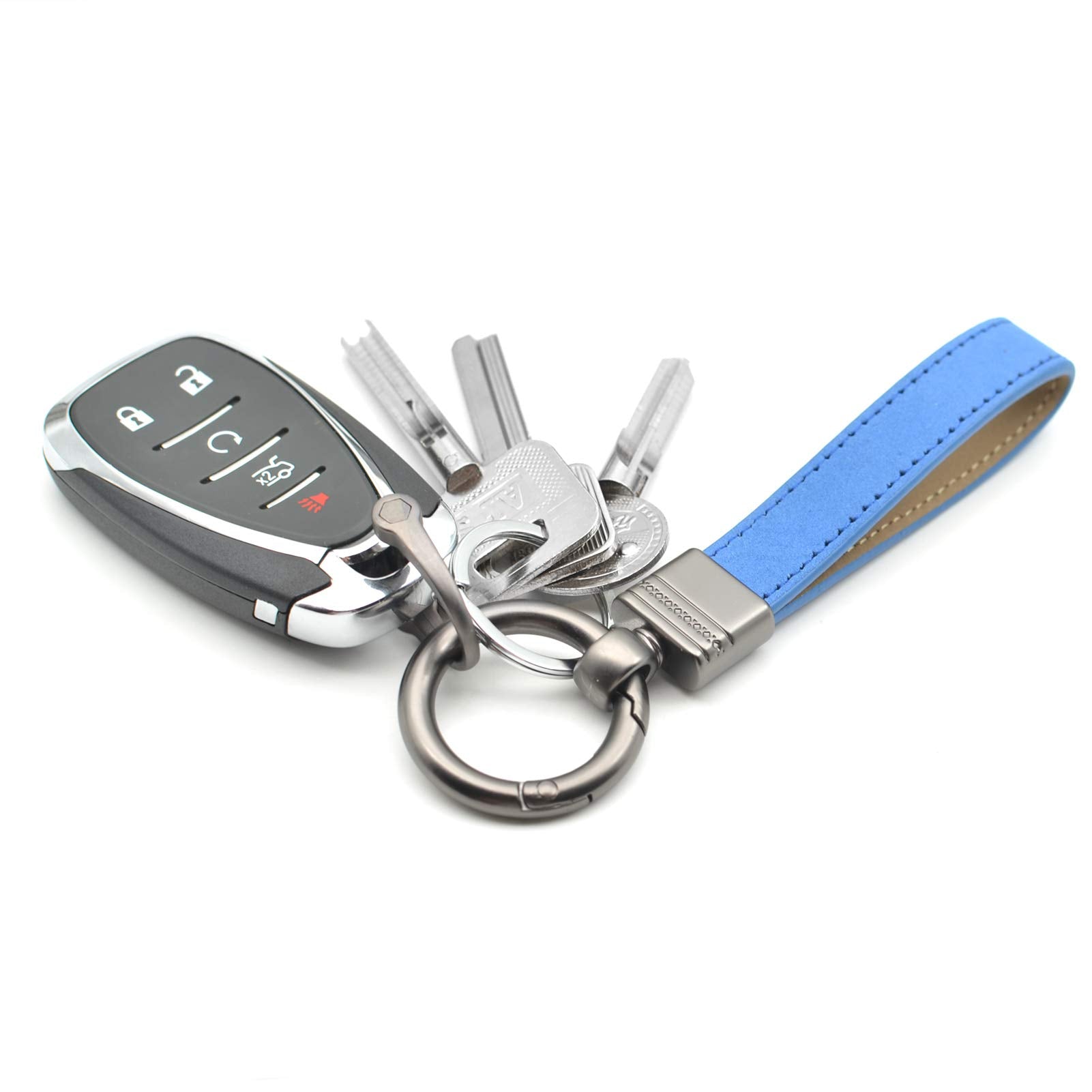 Car Fob Key Chain Genuine Leather Keychains Holder For Men And Women, 360 Degree Rotatable, With Anti-Lost D-Ring, Circle Carabiner And Key Rings, Blue
