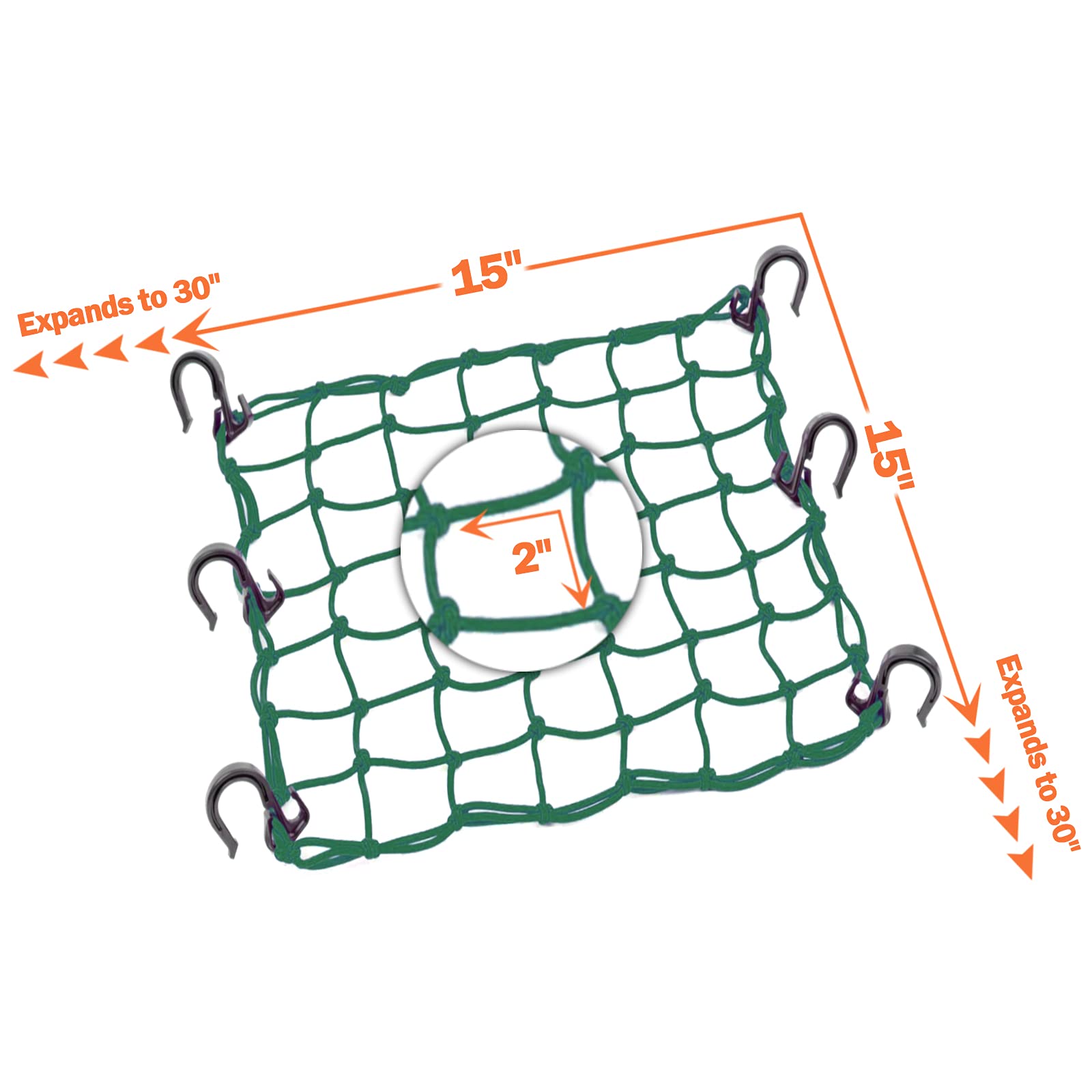 Zuoze Small Cargo Net 15'X15' Stretches To 30'X30' With Thicken Hooks | Natural Latex Core, Tight 2”X2” Mesh Heavy Duty Bungee Net For Motorcycle Helmet, Bike, Atv, Utv, Luggage (Army Green, 2 Pack)
