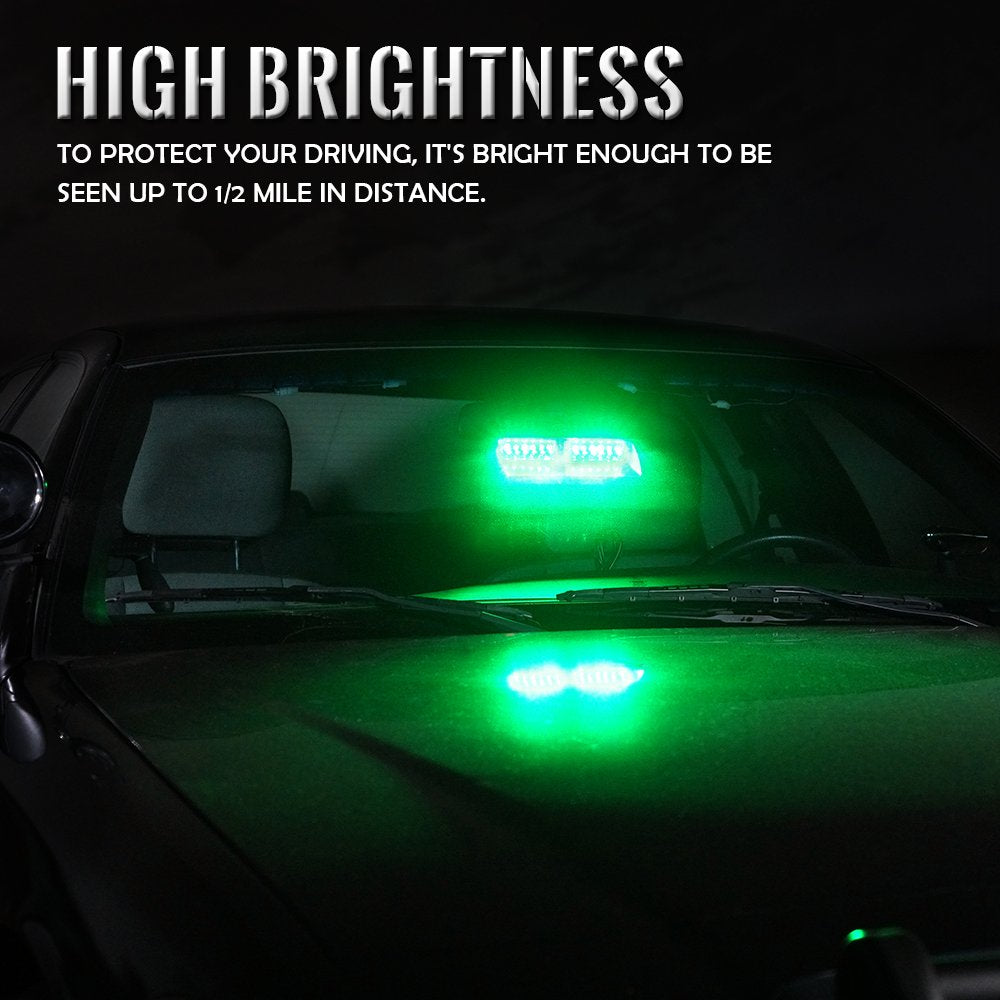 Xprite Green Led Emergency Dash Strobe Light, Interior Windshield Safety Warning Traffic Lights W/Suction Cups, 12V Windshield V