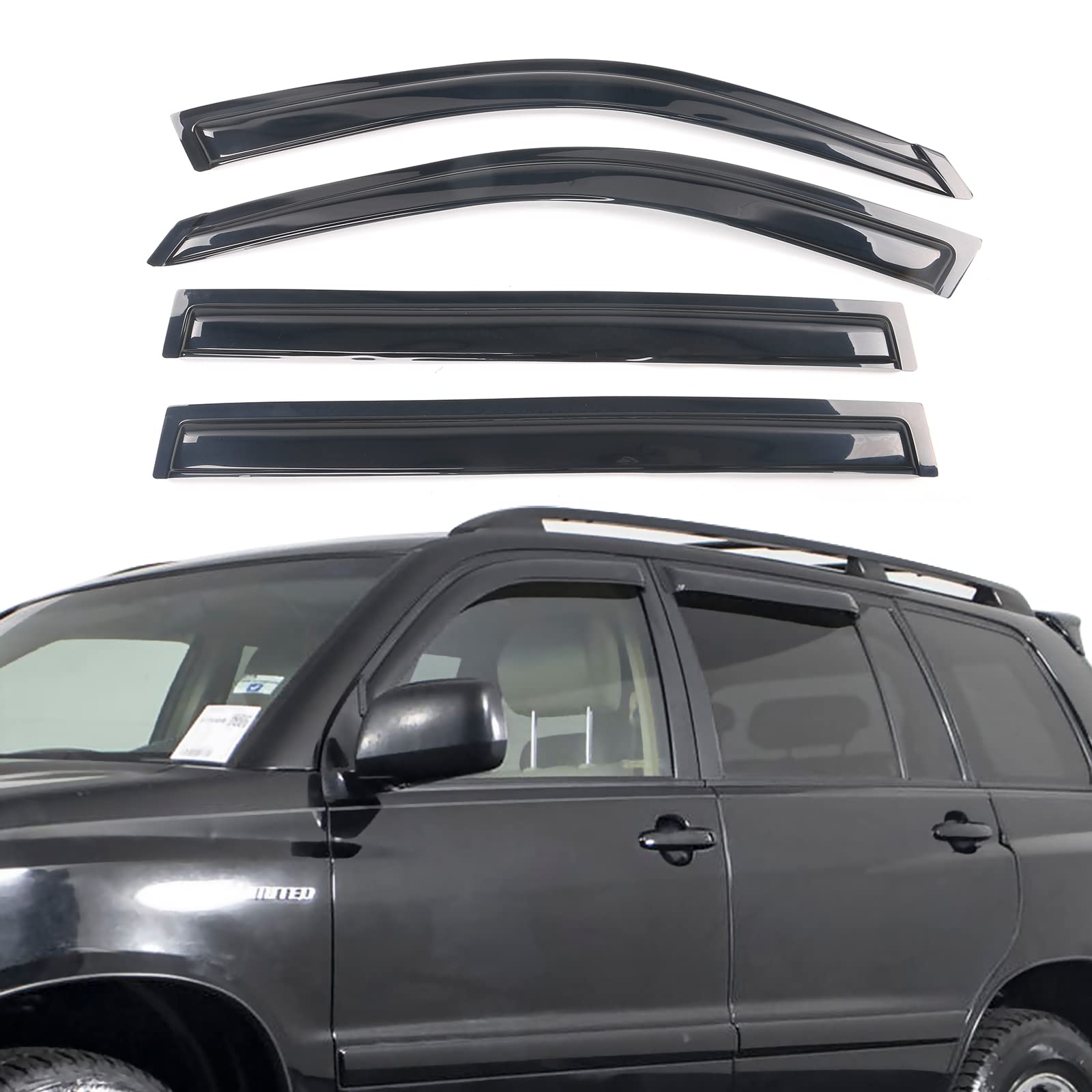 Window Visor Compatible with 2001-2007 Toyota Highlander, Slim Style Dark Smoke Tint Acrylic Shade Rain Sun Guard Wind Vent Air