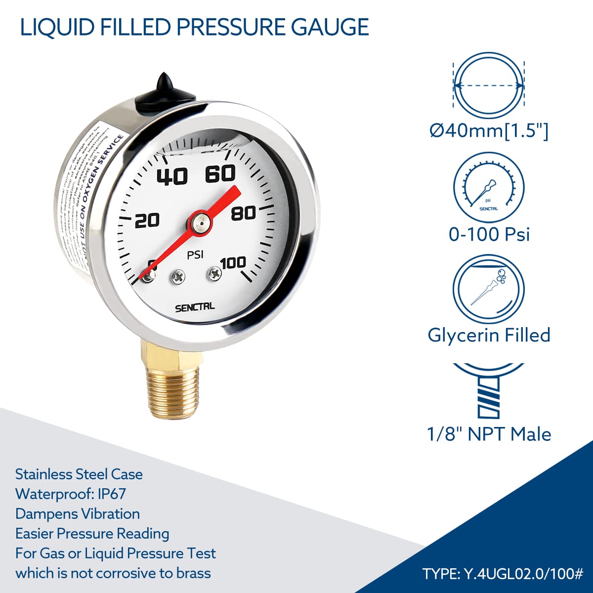 Senctrl 0-100 Psi Fuel Pressure Gauge, 1-1/2'' Dial Size, 1/8'' Npt Lower Mount, Glycerin Liquid Filled, Stainless Steel Case, I