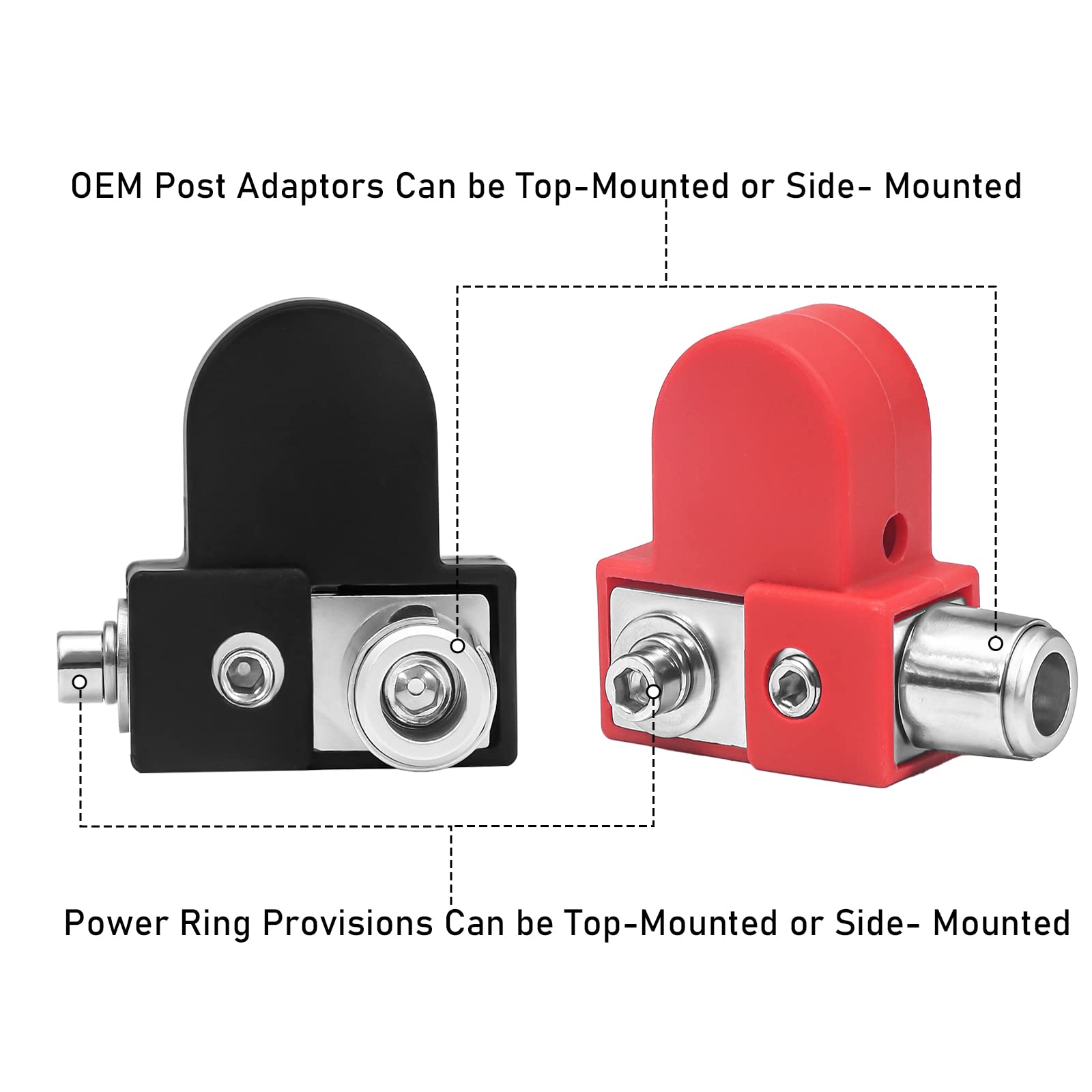 Recoil BTO Solid Brass Positive Negative Battery Terminals with Adaptor Collars, 1X0/2/4 Gauge & 1X4/8 Gauge Outputs, Top-Mounte