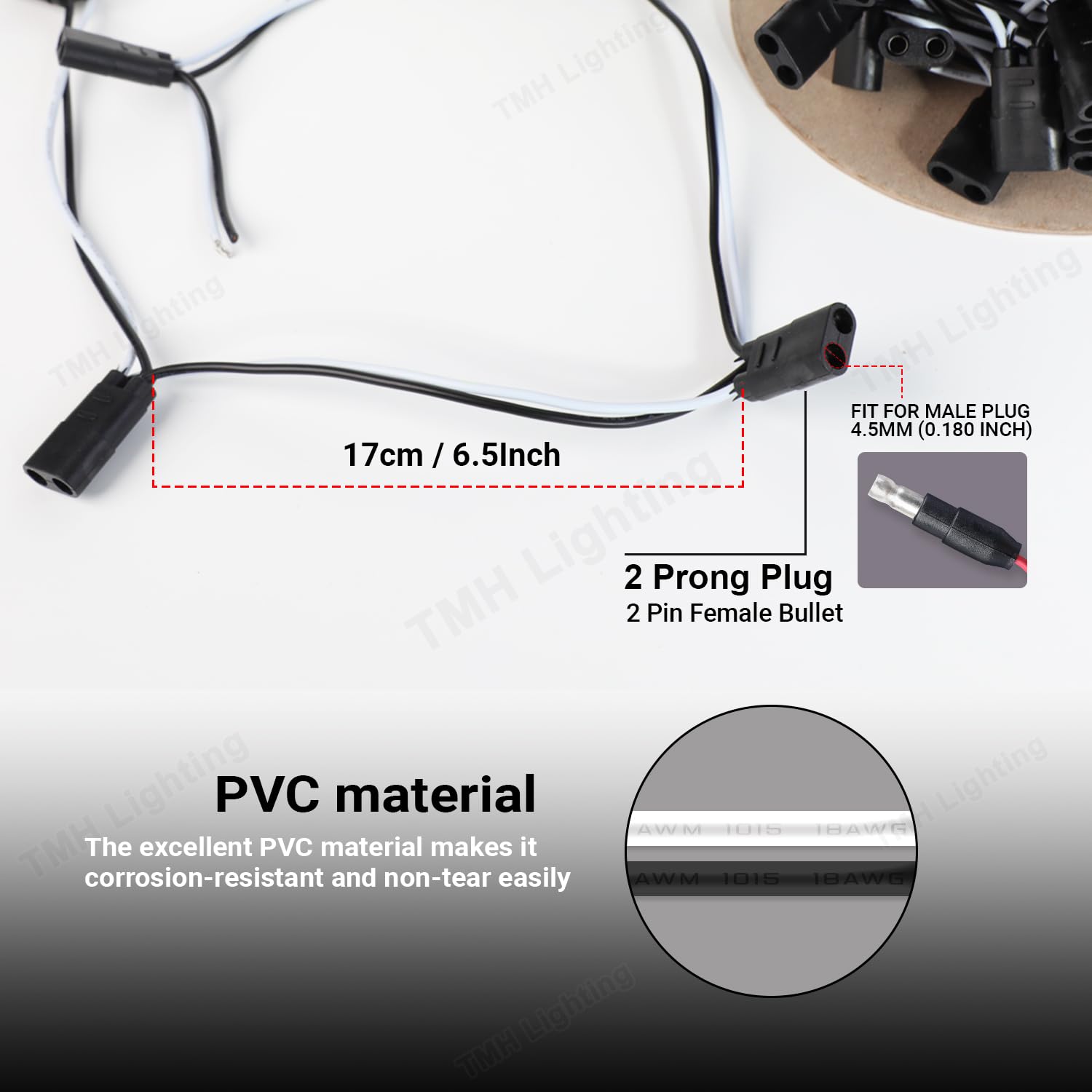 Tmh 100 Count 2-Prong Wire Harness Roll Double Female Bullet Plug 18 Gauge - 6.5'' Spacing For Led Marker Clearance Lights Hassl