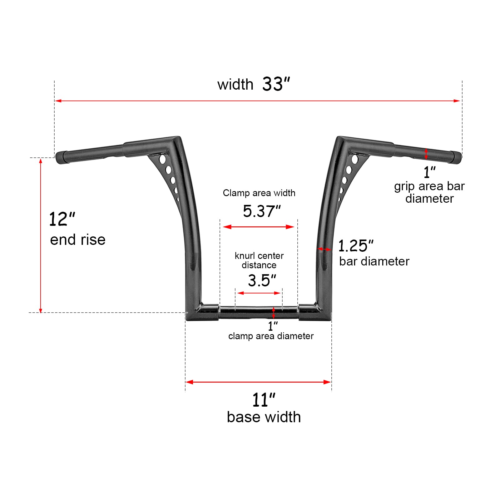 WSays 12'' Rise Handlebar Ape Monkey Bar 1-1/4'' Diameter Bar Black Compatible with Harley Sportster XL 1200 883 Softail Dyna To