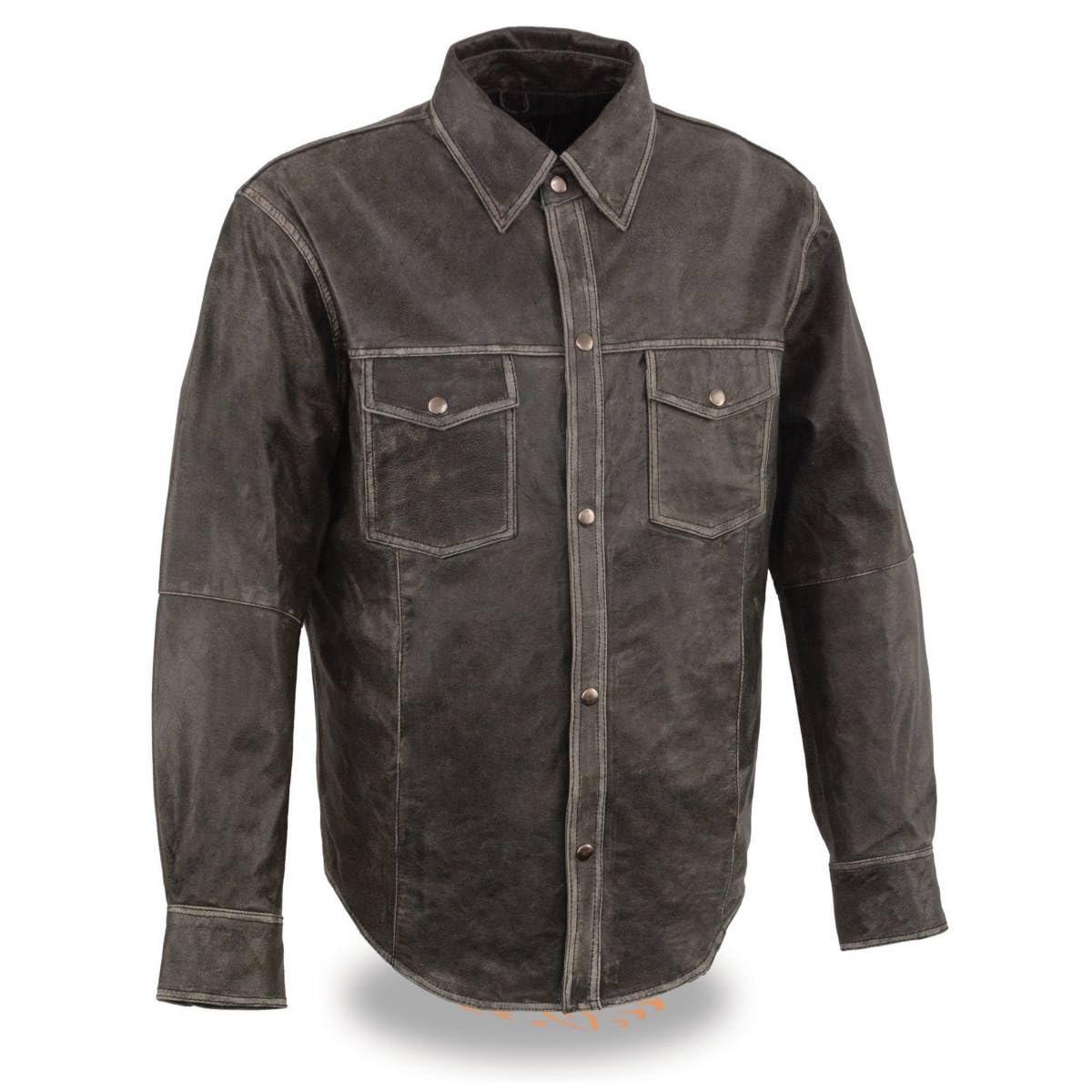 Milwaukee Leather MLM1605 Men's 'Button Down' Distressed Grey Lightweight Casual Biker Leather Shirt - X-Large