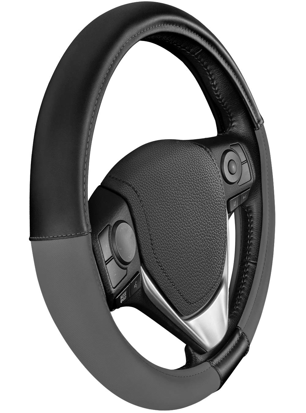 Caterpillar Two Tone Ergonomic Soft Leather Grip Steering Wheel Cover - Strong, Durable And Comfortable Universal Size 14.5-15.5 Inch (Dark Gray/Black) (Casw-2221-Cc)