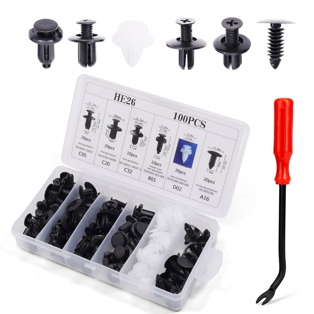 100 Pcs Bumper Retainer Clips Car Rivets Fasteners Retainer Kit And 1 Fastener Removers Most Popular Sizes Auto Push Pin Rivets