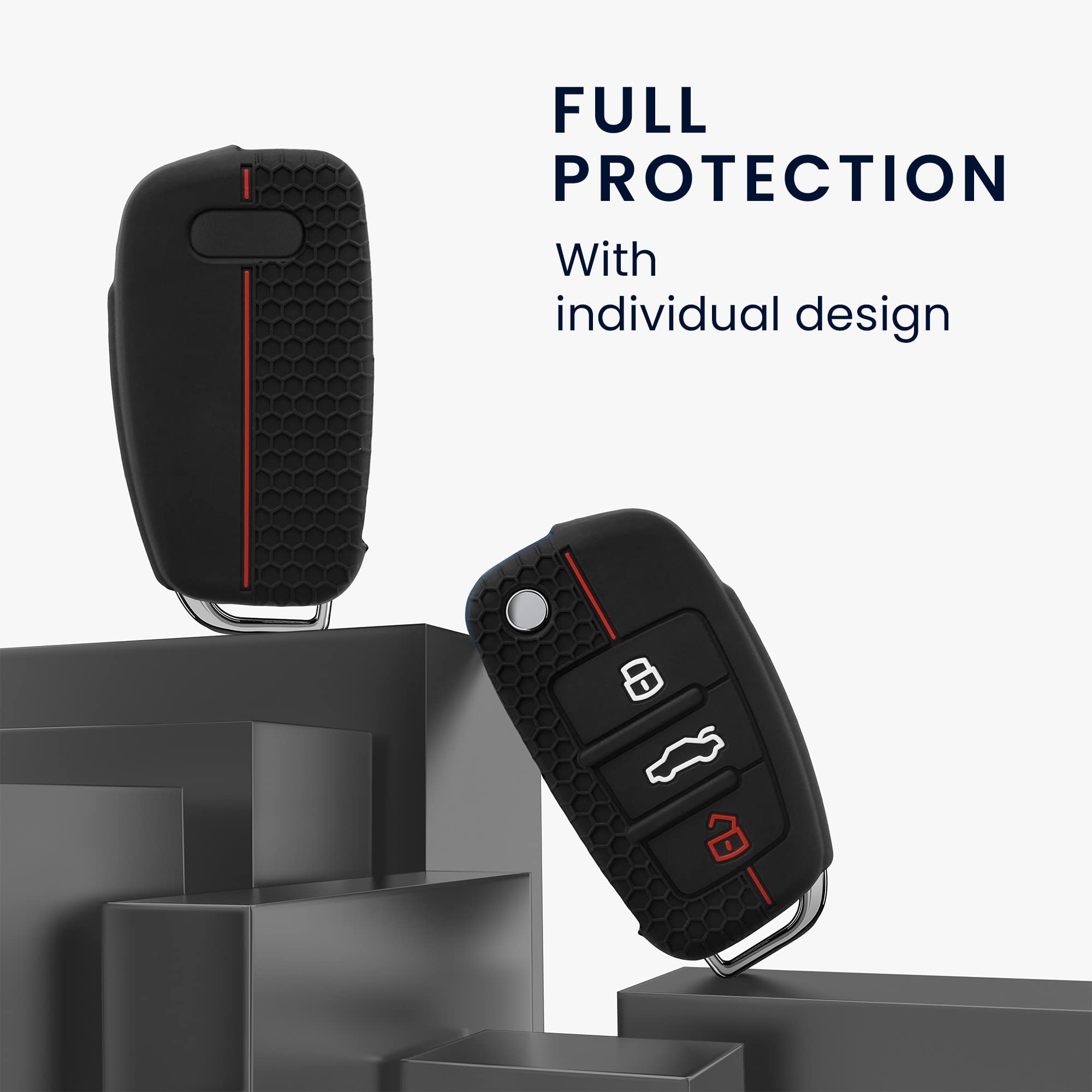 Kwmobile Car Key Cover Compatible With Audi 3 Button Flip Key Key Cover - Silicone Protective Car Key Fob Case - Black/Red