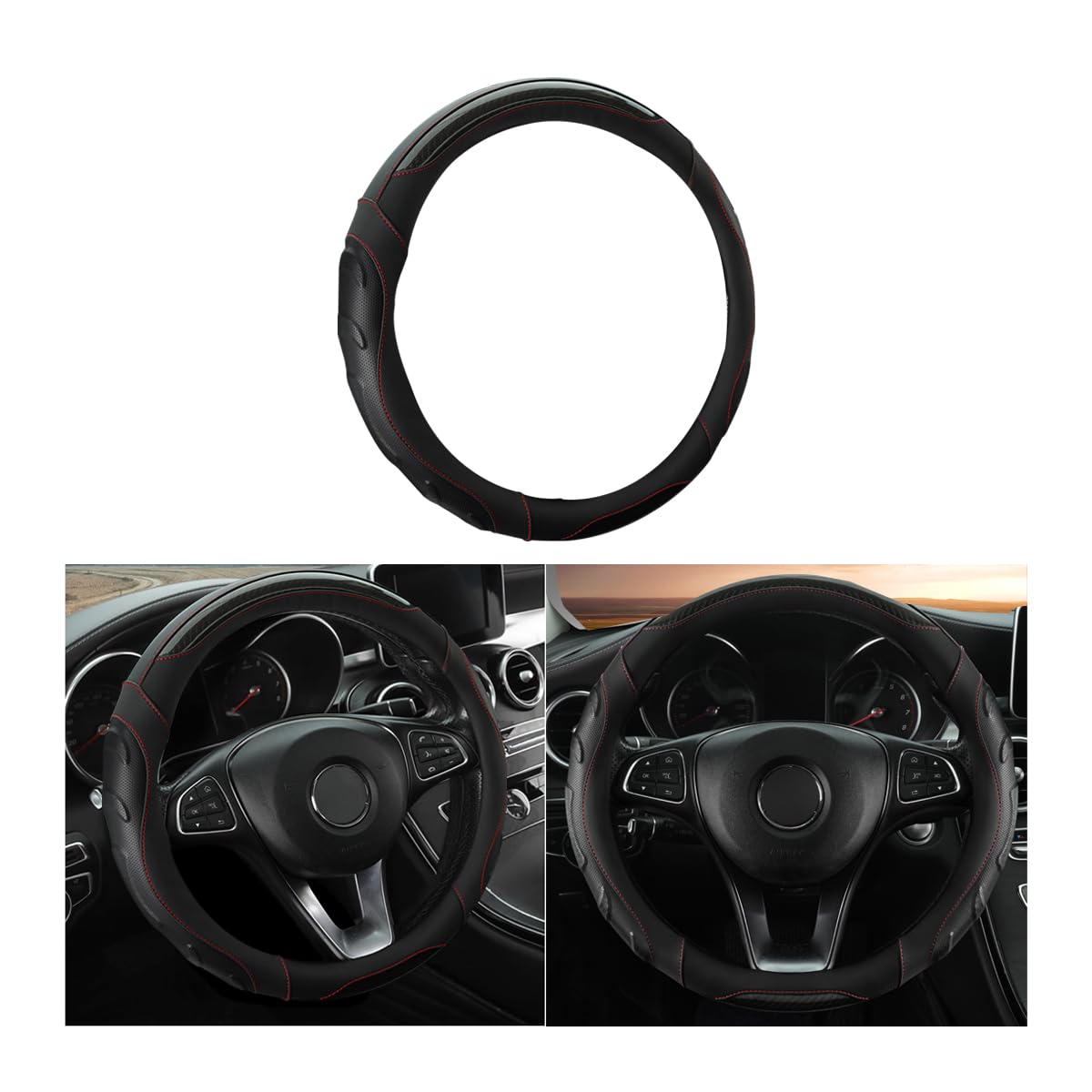 Leather Steering Wheel Cover, Auto Car Stretch Steering Wheel Protector, Universal 15 Inch Anti-Slip Breathable Odorless Steering Wheel Cover For Men Women (Black)