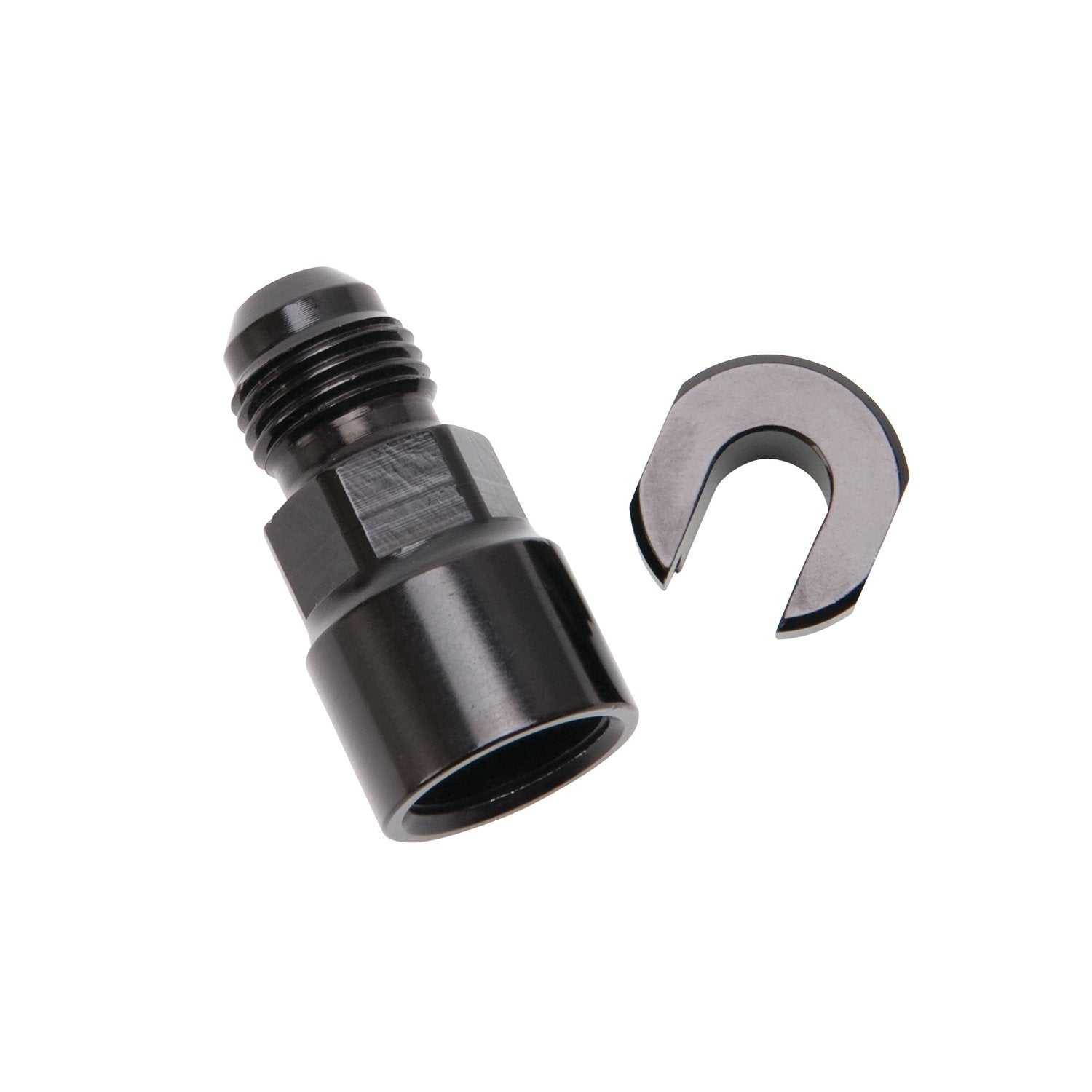 Edelbrock 644113 Efi Adapter Fitting -6 An Male To 5/16 Sae Quick Disconnect Female Screw Type Blk Anodized Finish.