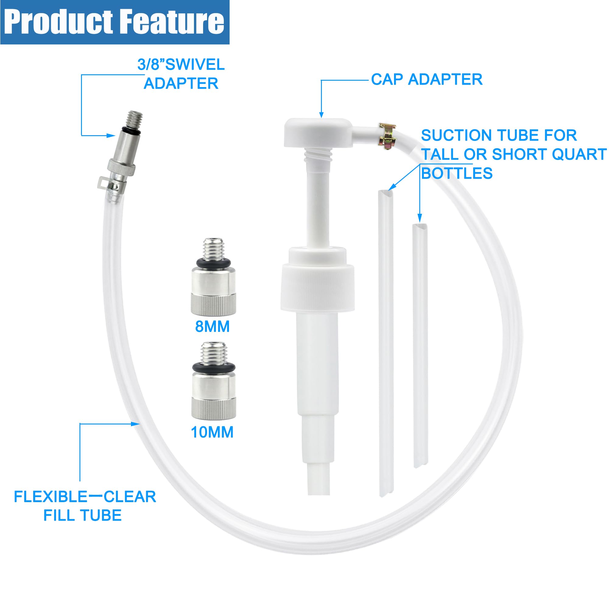 Lower Unit Gear Oil Pump for Standard Quart Bottles, Includes 3/8 inch Metal Swivel, 8mm and 10mm Adapters Fit Most Marine and M
