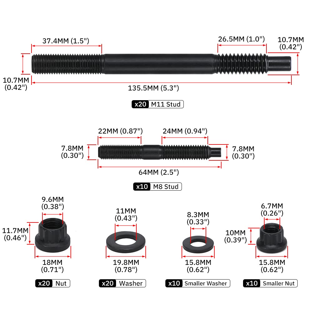 PQY 12-Point Cylinder Gasket Head Stud Bolts Nuts Kit Compatible with 04-19 Chevy LS1 LS3 5.3L 5.7L 6.0L Engines 234-4317