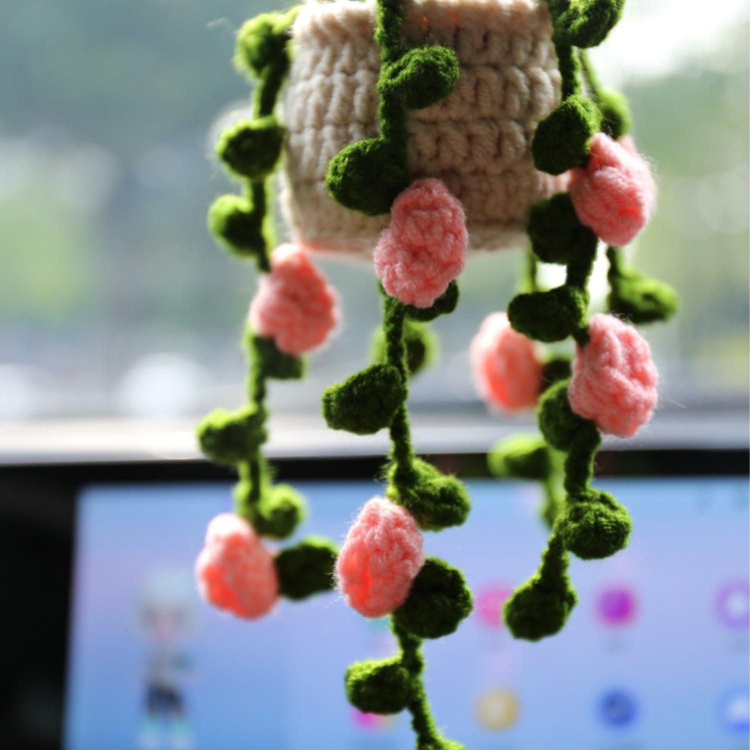Boho Car Plant Crochet Hanging Accessories Crochet Plants For Car Rear View Mirror Cute Car Pink Plants For Women1